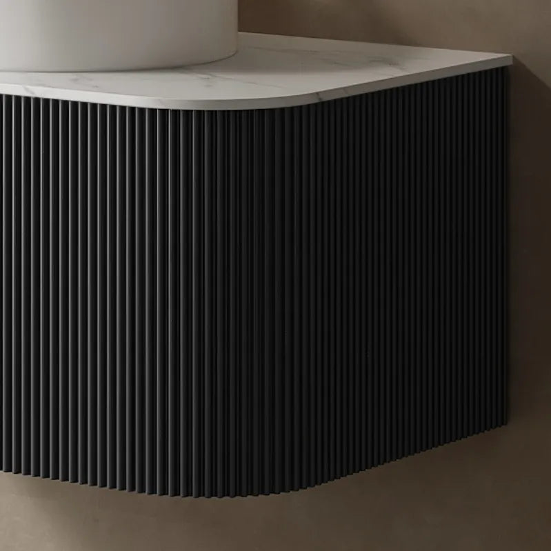 48" Black Floating Bathroom Vanity with Stone-Pattern Ceramic Vessel Sink and Carrara White Sintered Stone Top