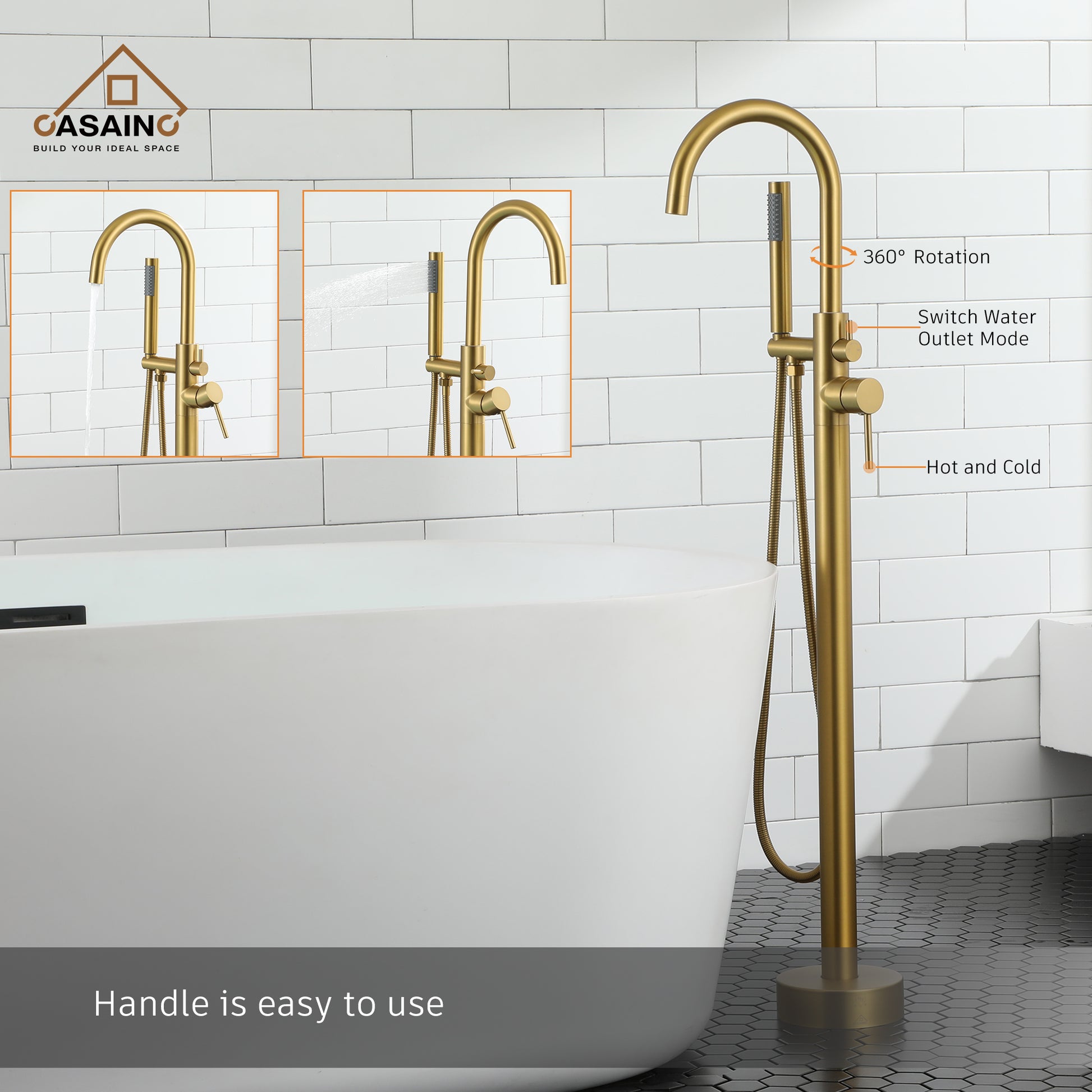 Freestanding Bathtub Faucet with Hand Shower in Brushed Brass