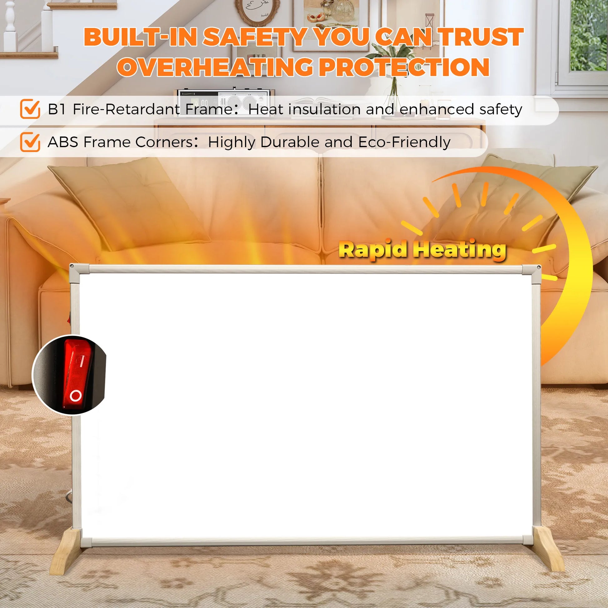 550W Graphene Wall-Mounted Electric Panel Heater with Wood Base and Stainless Steel Finish