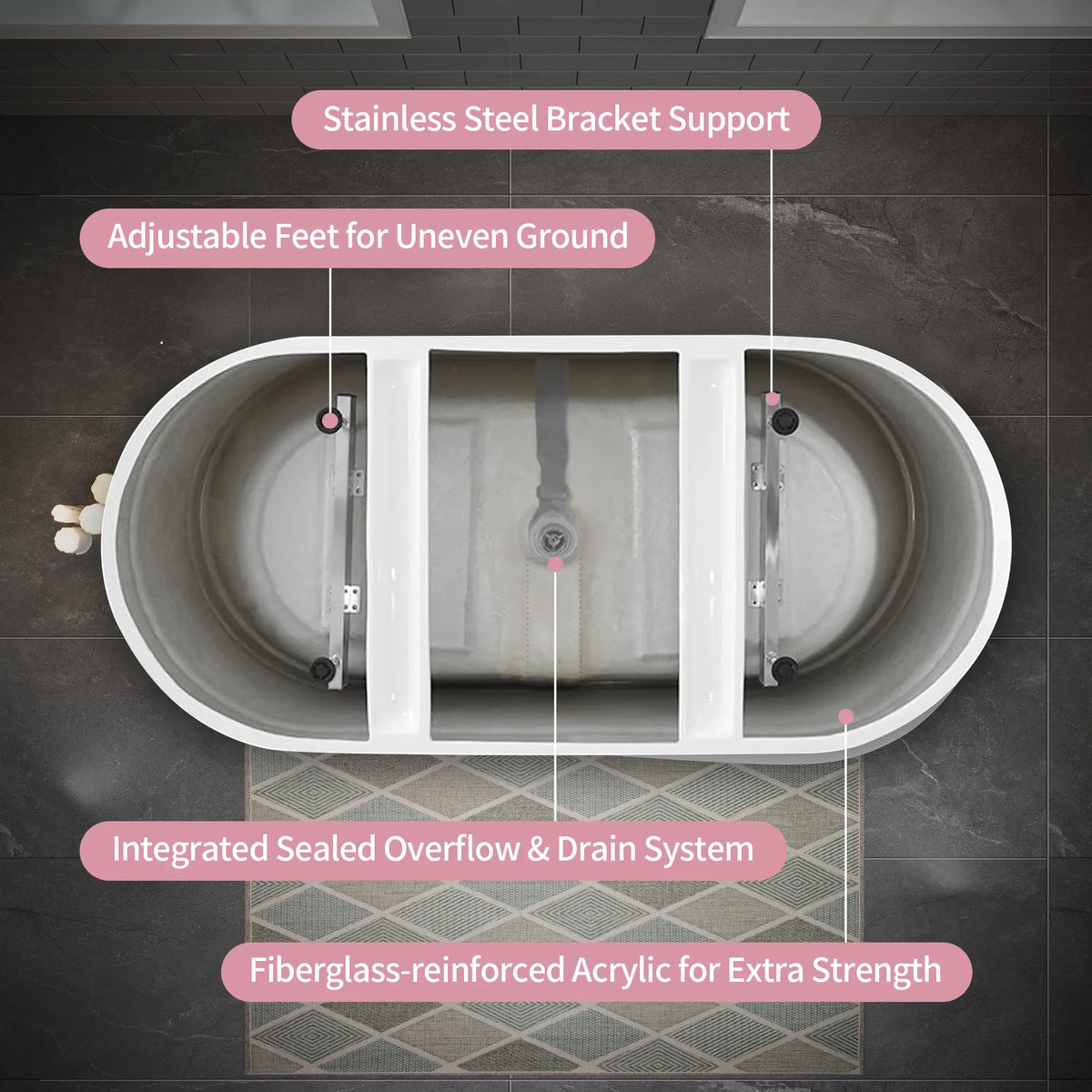 55"/59"/63" Glossy White Acrylic Freestanding Soaking Bathtub with Slipper design