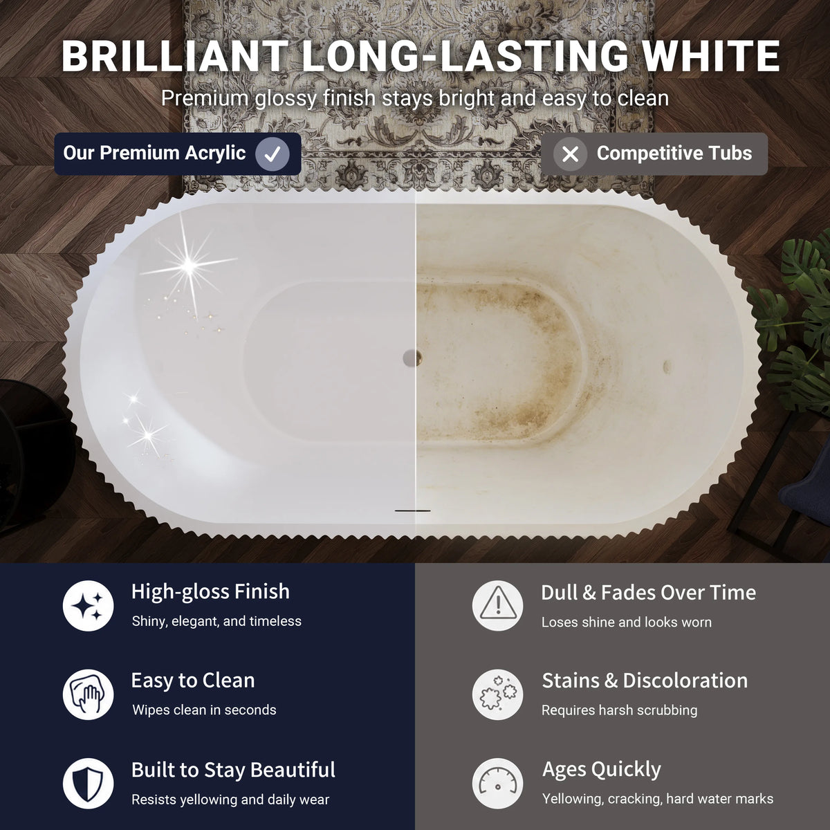 59"/67" Gloss White Acrylic Freestanding Bathtub with Fluted Oval Design