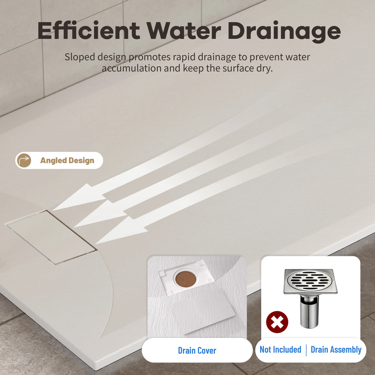 60"x32"/36" Curbless SMC Shower Base with Flamed Rock Slip-Resistant Surface, Reversible Drain