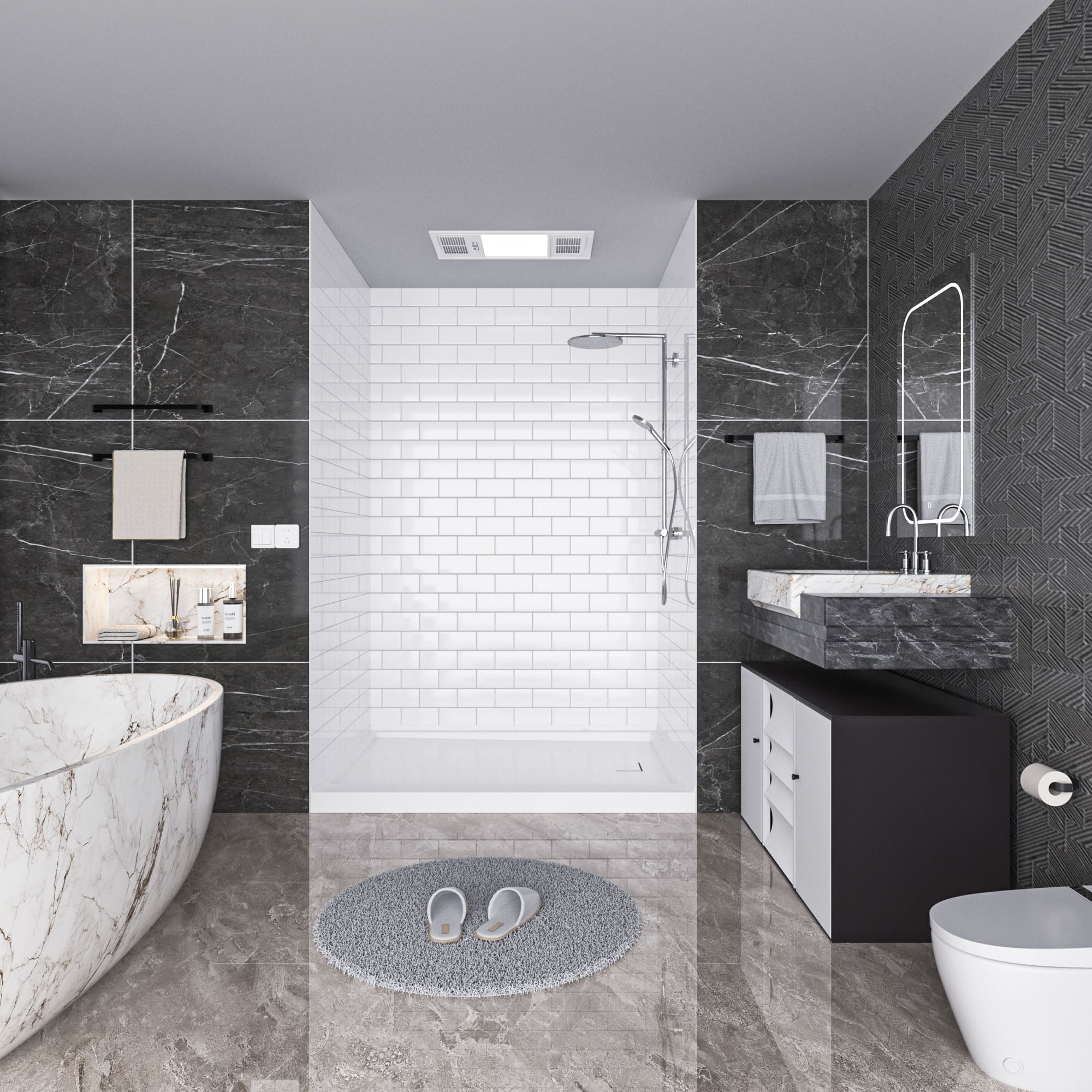 60"x32"x96" SMC Shower Wall Panel Kit with Small Subway Tile Pattern with Matte White / Glossy White Finish