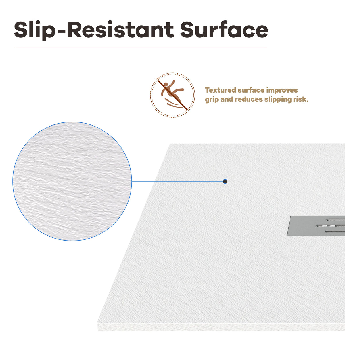 60"x36" White/Calacatta Curbless SMC Shower Base with Flamed Rock Slip-Resistant Surface, Center Drain
