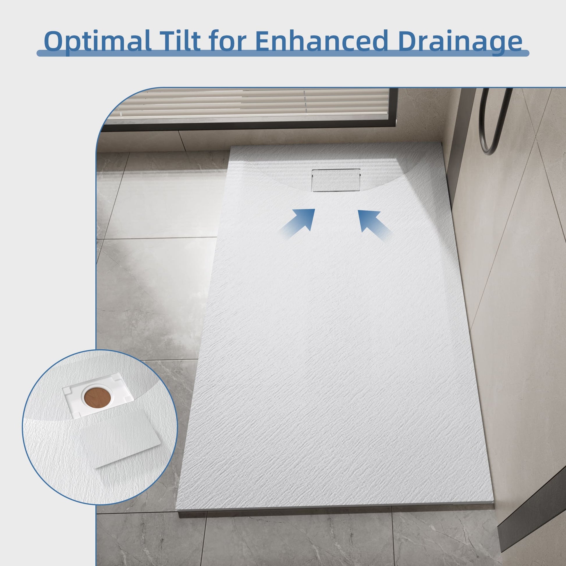 Curbless SMC Shower Base with Flamed Rock Slip-Resistant Surface, Reversible Drain