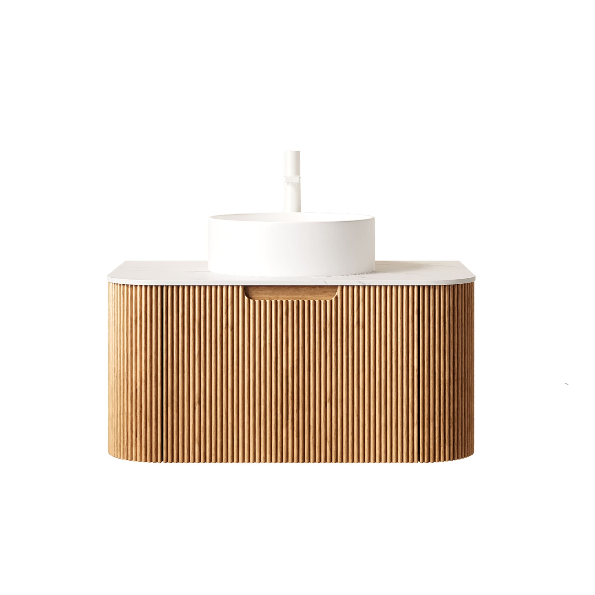 Floating Bathroom Vanity with Curved Edges, Fluted Drawer Fronts, Carrara Sintered Stone Top and Round Ceramic Vessel Sink, Natural Woodgrain / Dark Walnut