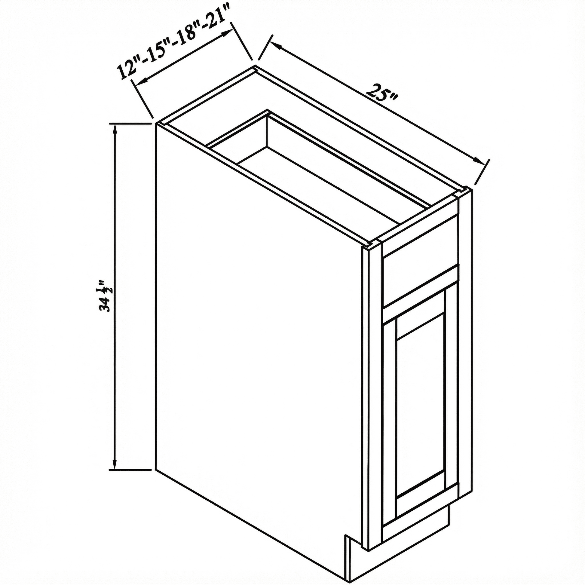 Inset Hazelnut Oak RTA 12-21"W x 34.5"H x 25"D 4-Size Single Drawer Base Cabinet with 1 Door
