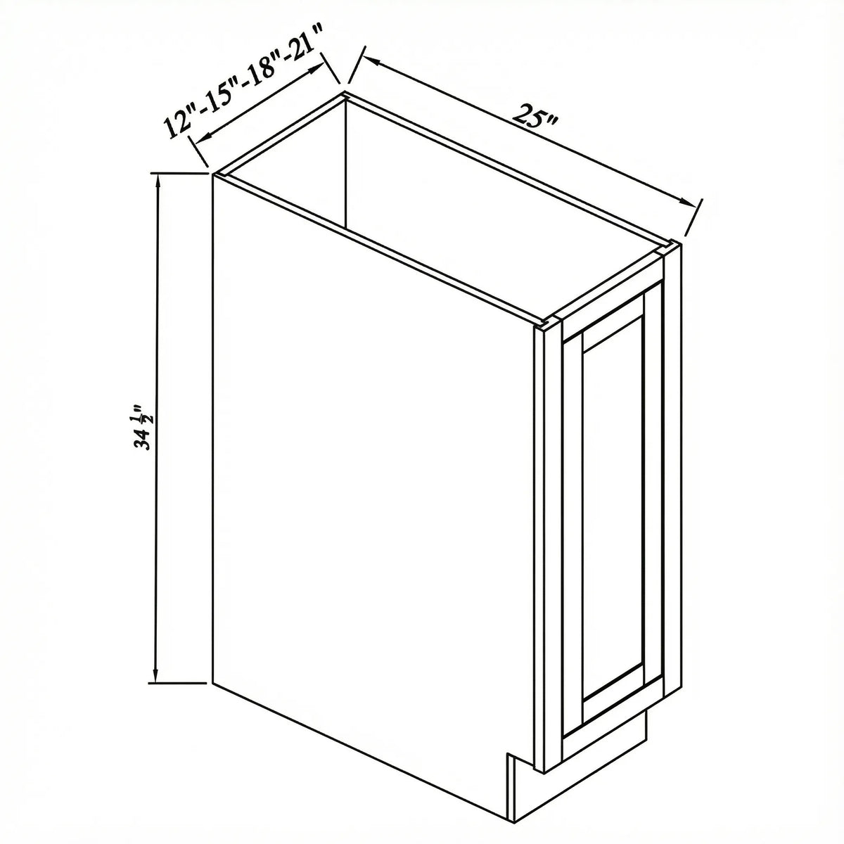 Inset Origami White RTA 12-21"W x 34.5"H x 25"D 4-Size Full Height Single Door Base Cabinet