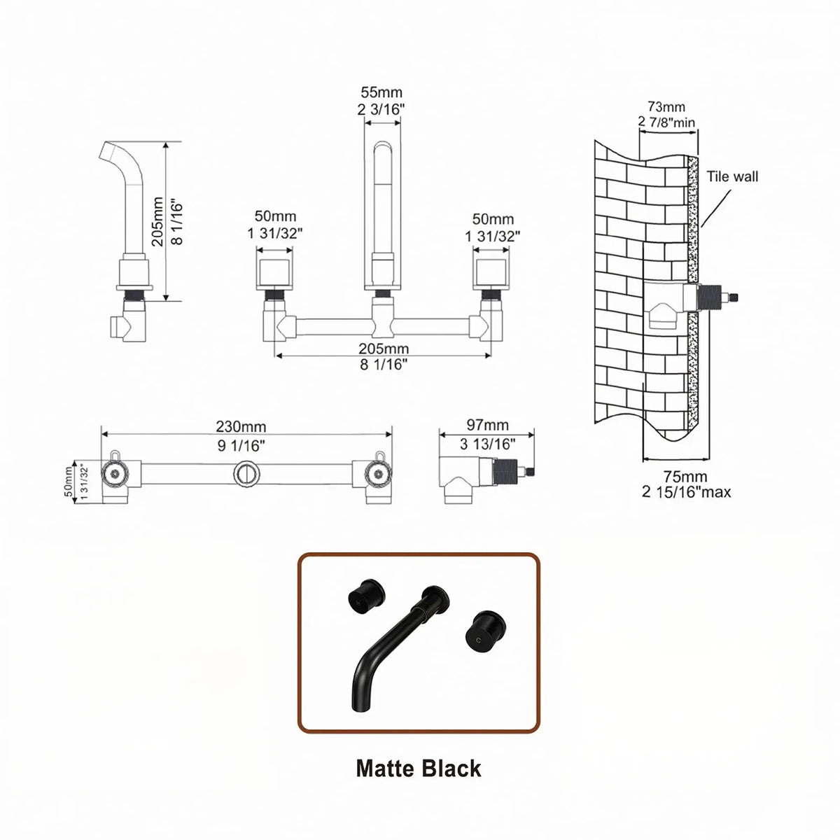 Matte Black 2-Handle Wall-Mounted Bathroom Basin Faucet with 360° Swivel Spout