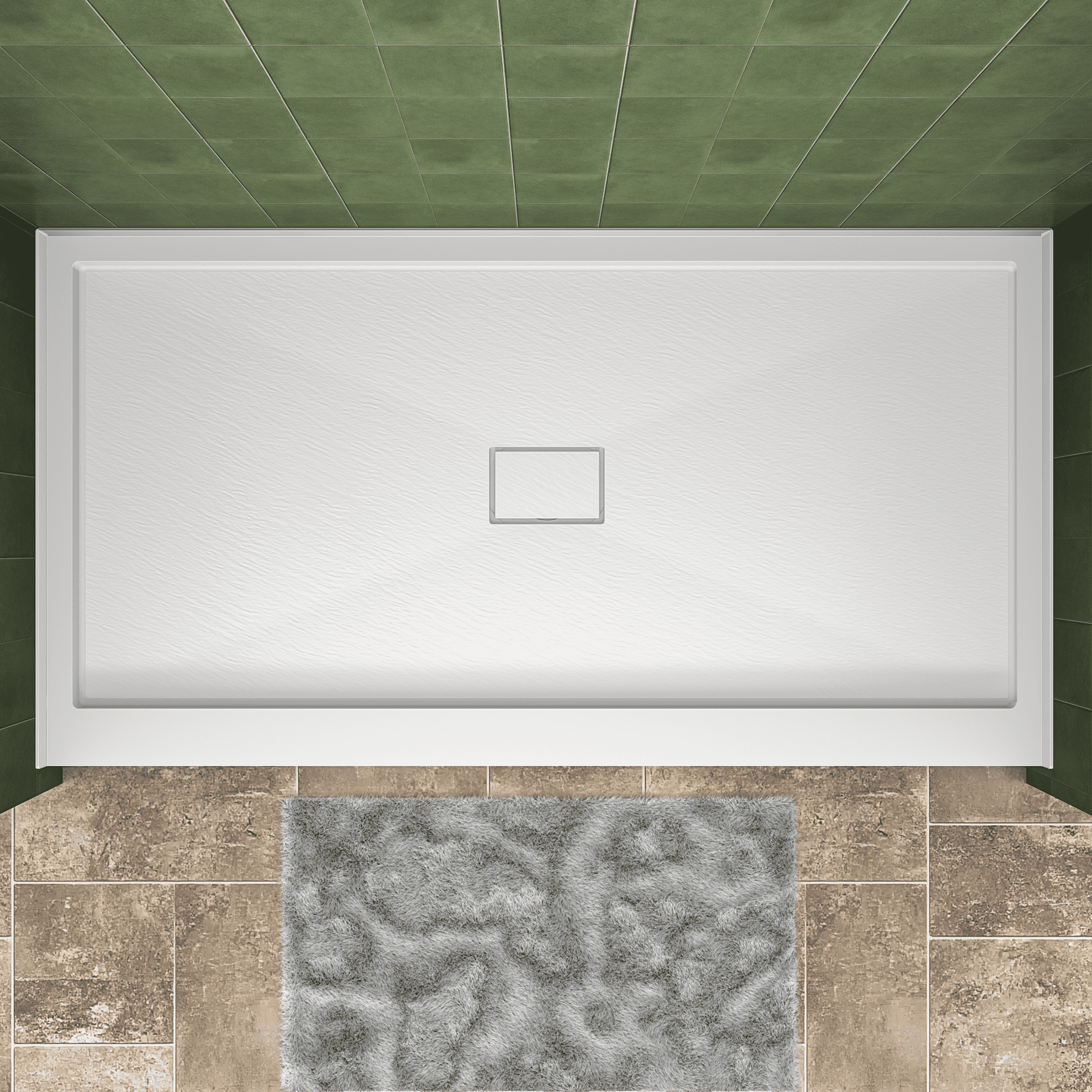 One-piece White Shower Base with Flamed Rock Slip-Resistant Surface, Center Drain