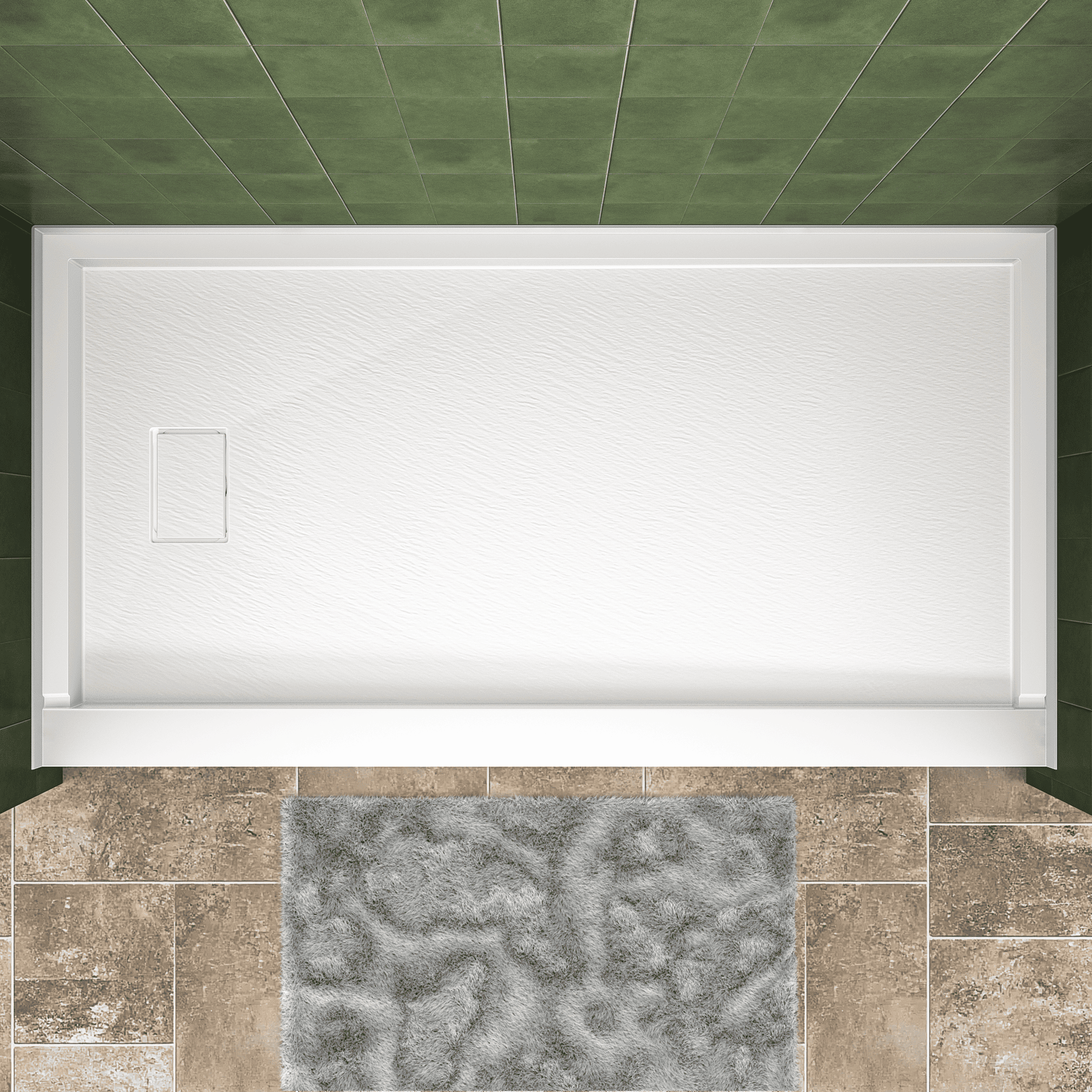 One-piece White Shower Base with Flamed Rock Slip-Resistant Surface, Left/Right Drain