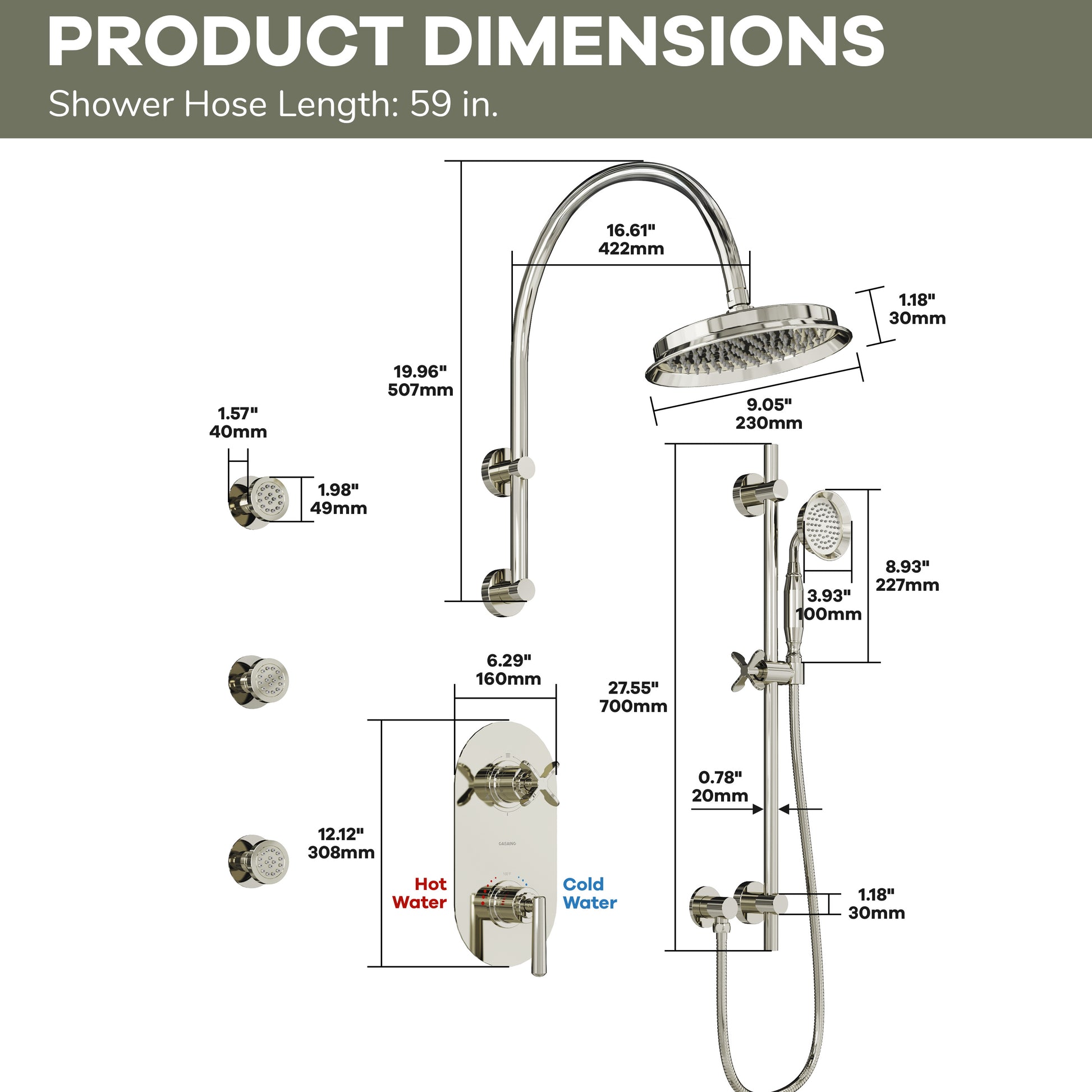 9" Rainfall Thermostatic 3-Function Shower System with Slide Bar & Body Jets