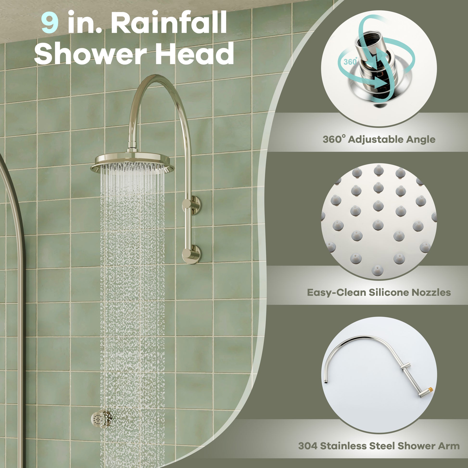 9" Rainfall Thermostatic 3-Function Shower System with Slide Bar & Body Jets
