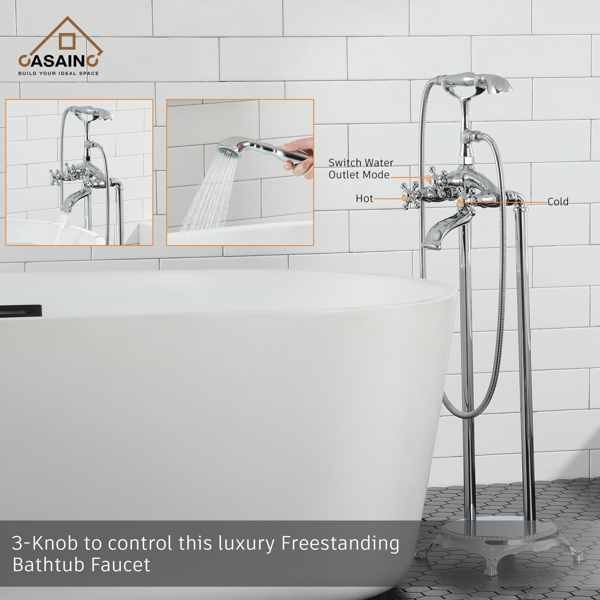 Clawfoot Freestanding Tub Faucet with Triple Handle and Hand Shower