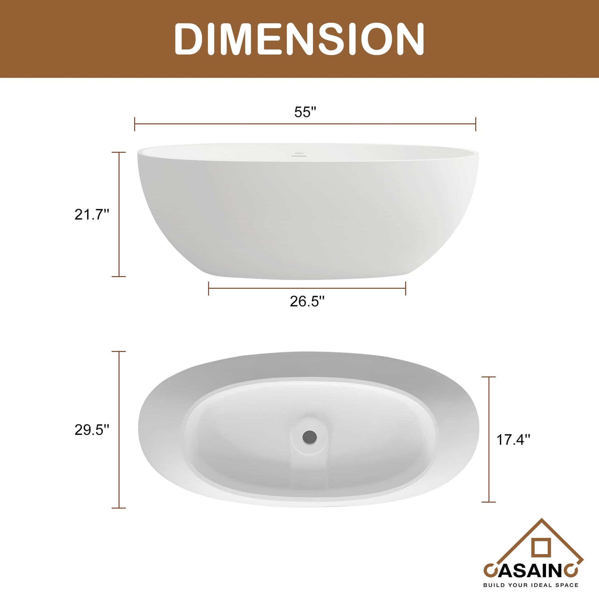 CASAINC 55 in. Solid Surface Free-Standing Bathtub with Centre Drain in Matte White