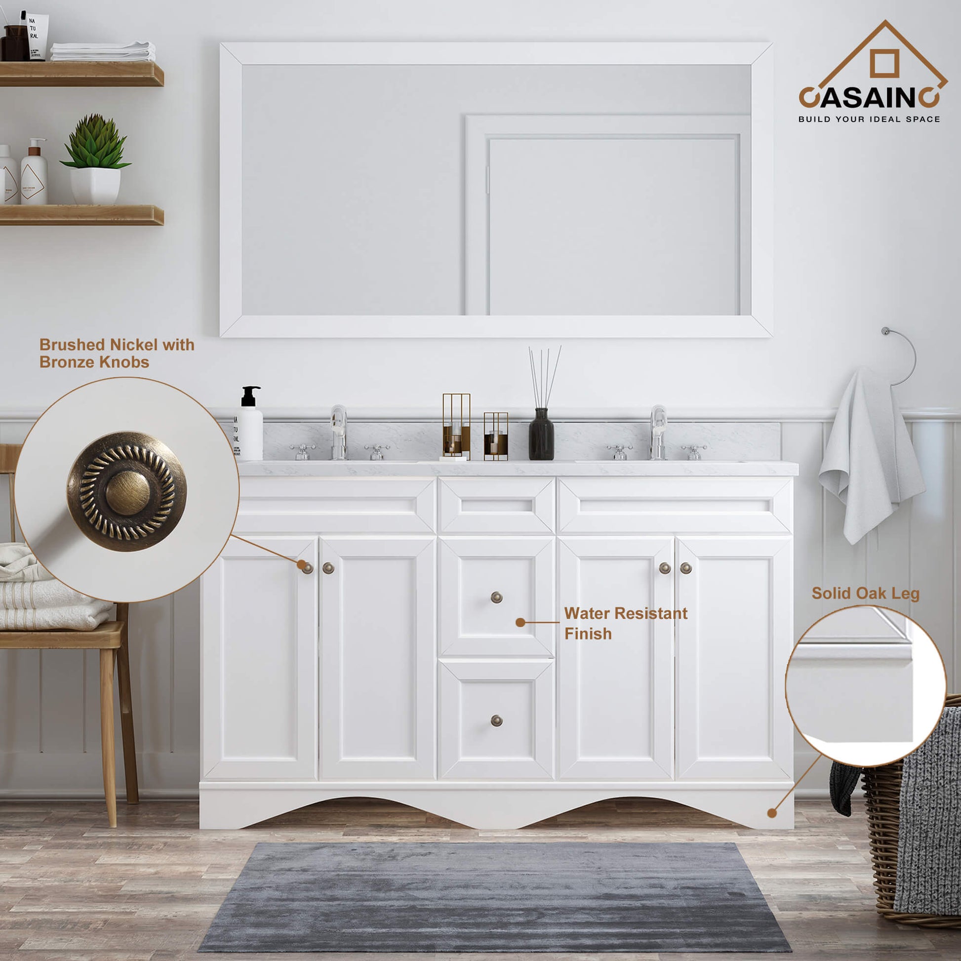 CASAINC 60 x 22 x 35.4 in. Solid Wood Bath Vanity with Marble Top and Backsplash in Gray/White (No/With Mirror)