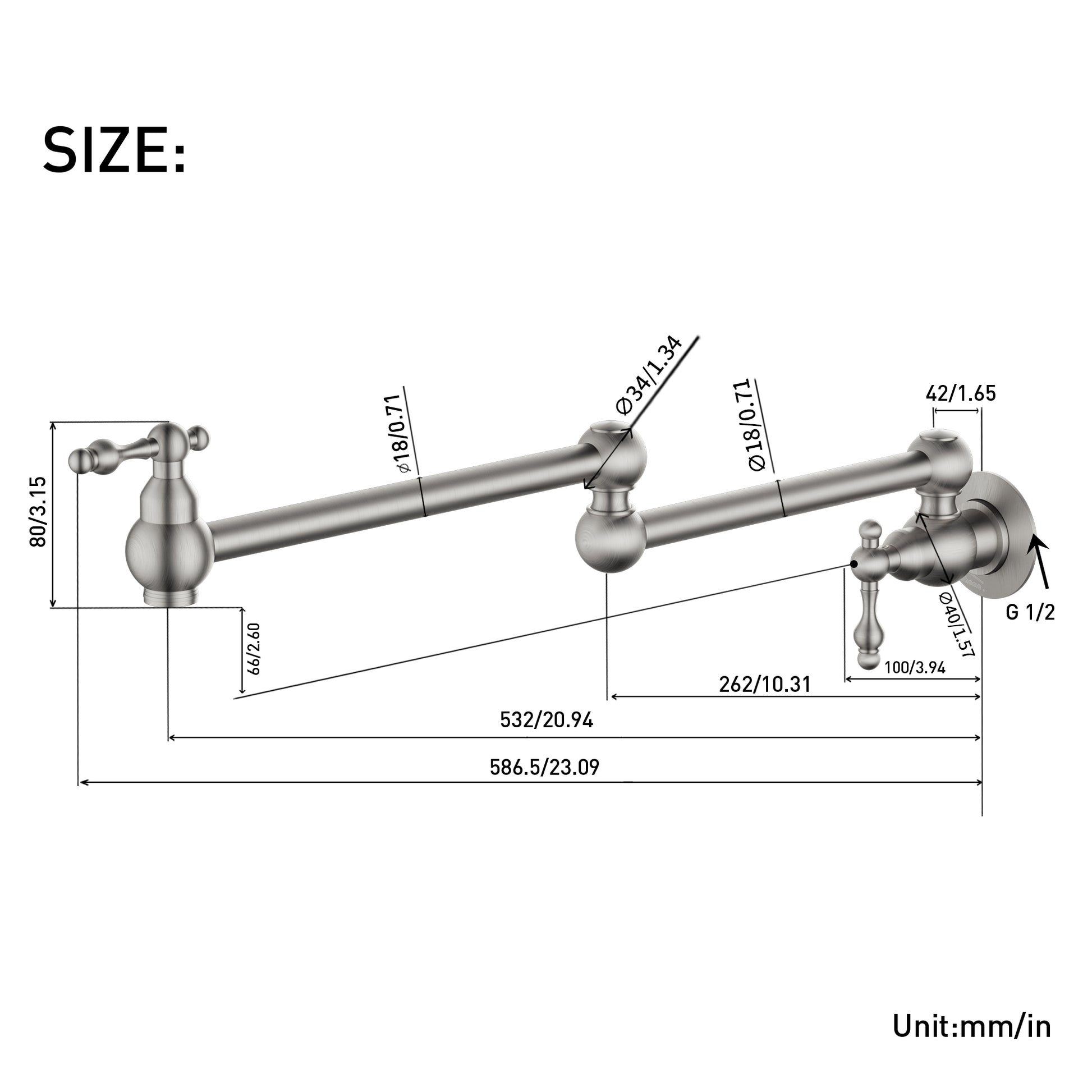 Wall Mounted Pot Filler Faucet with Double Handles, 360° Rotatable Folding Spout, Solid Brass Construction, Anti-Splash Aerator