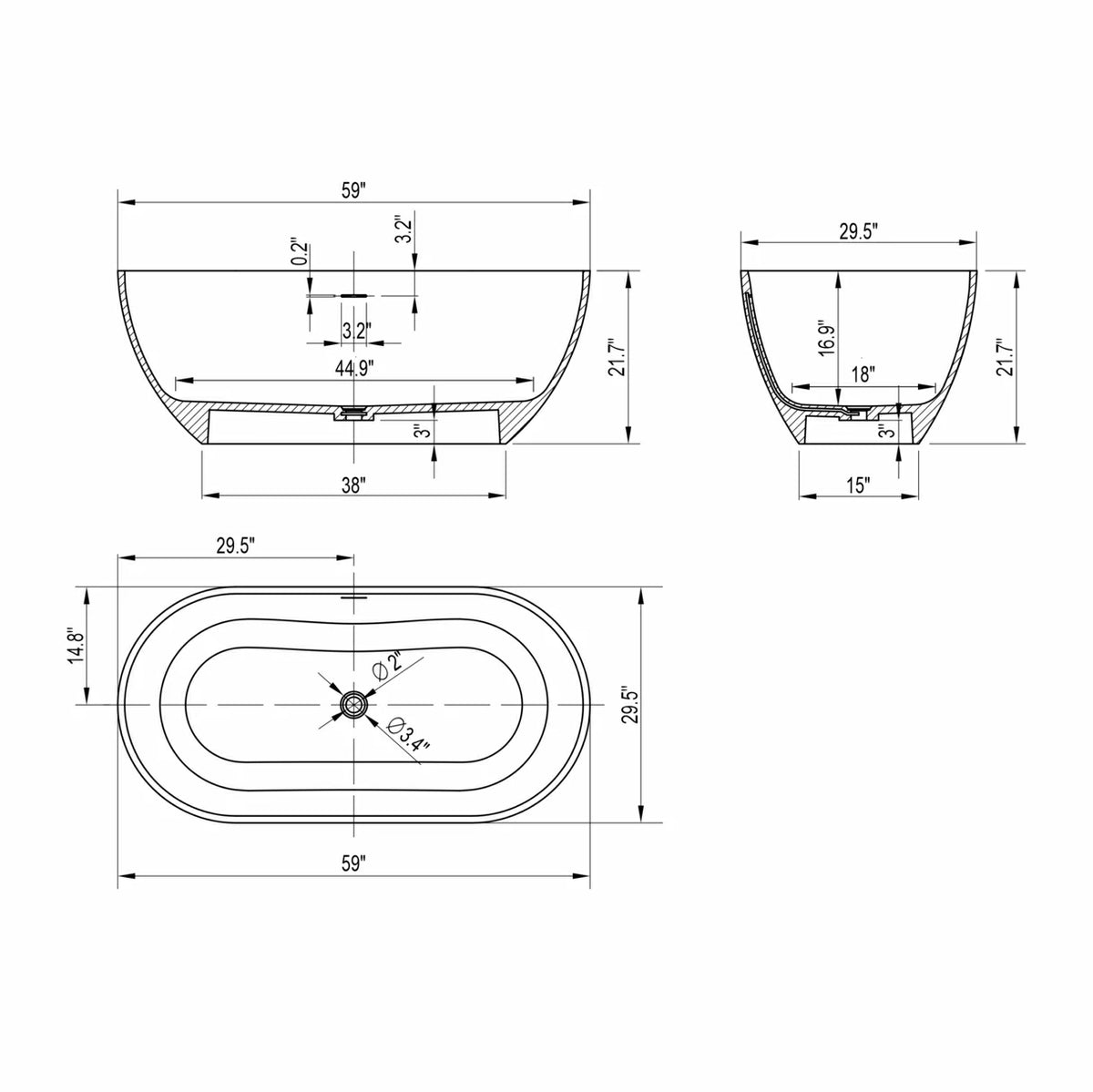 59" Small Oval Solid Surface Freestanding Bathtub in Grey / Black