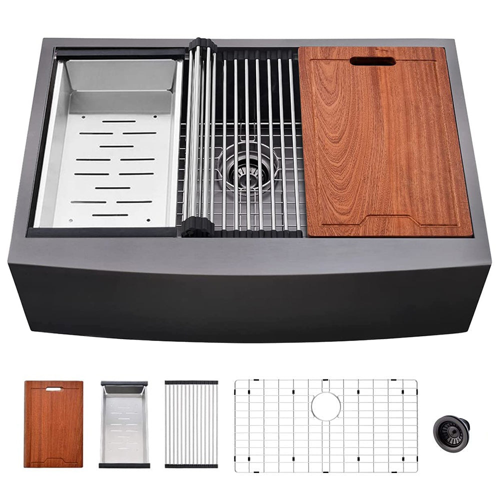 33-inch Farmhouse Workstation Single Bowl Kitchen Sink in Matte Black