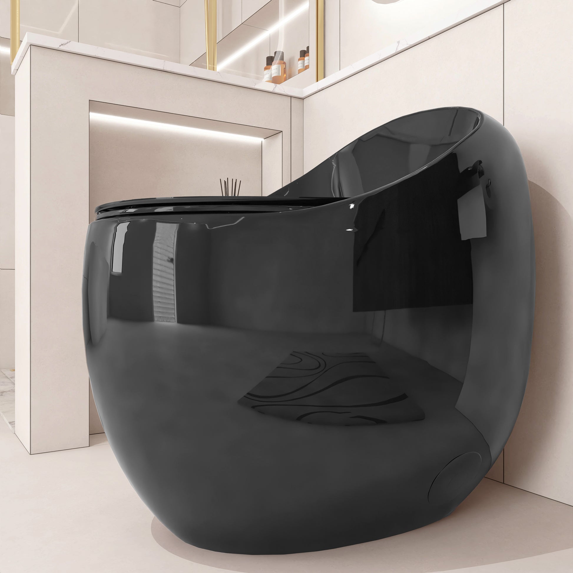 Egg Shape 1-Piece Toilet in Glossy White/Black with 1.28 GPF Single Flush