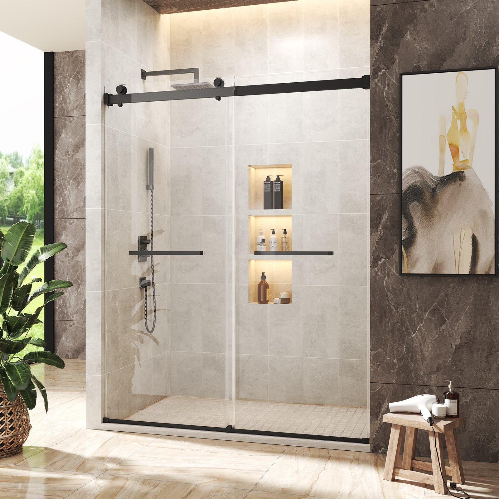60"x75" Frameless Sliding Shower Door with 5/16" Tempered Glass