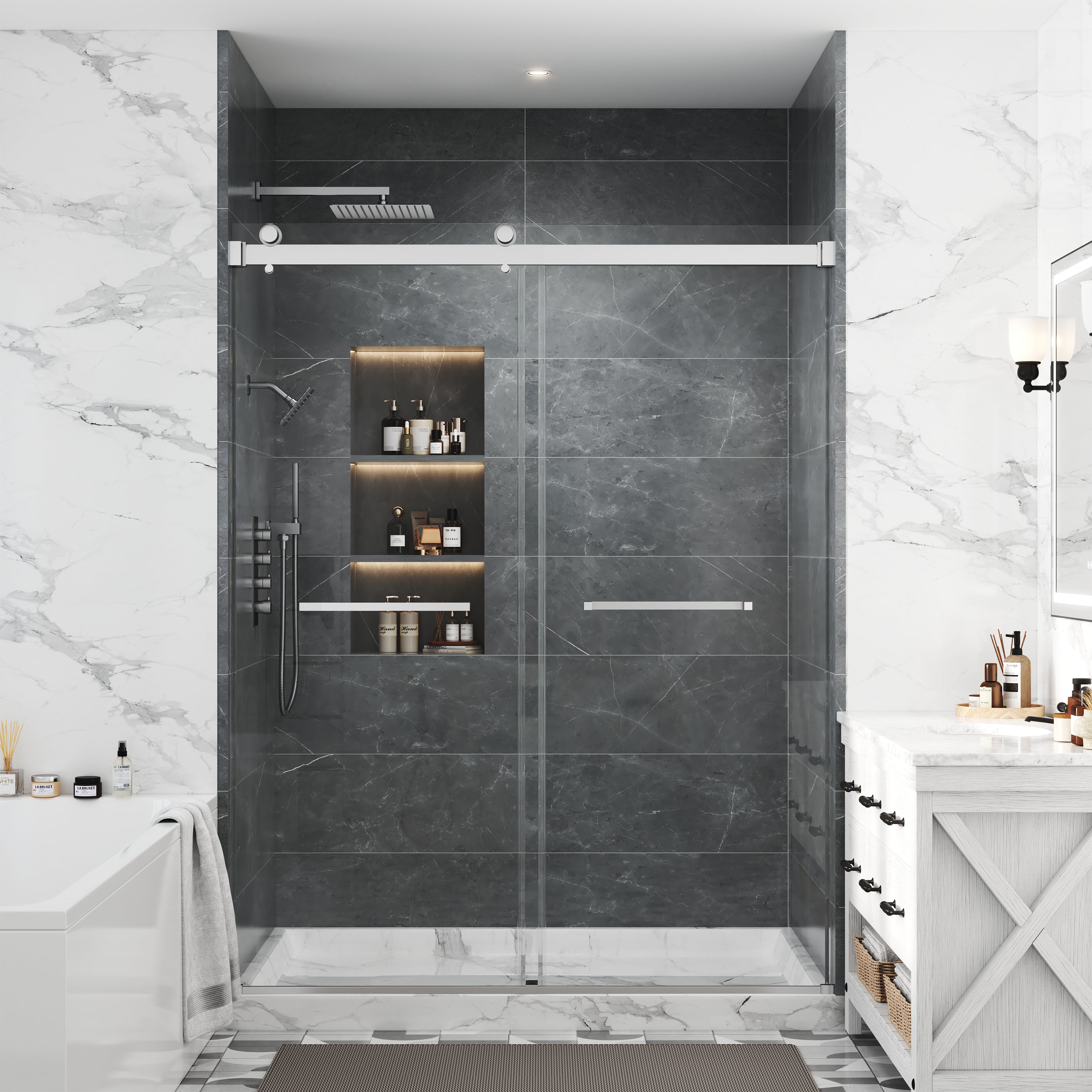 48"x76" Adjustable Frameless Double Sliding Shower Door with Towel Bars