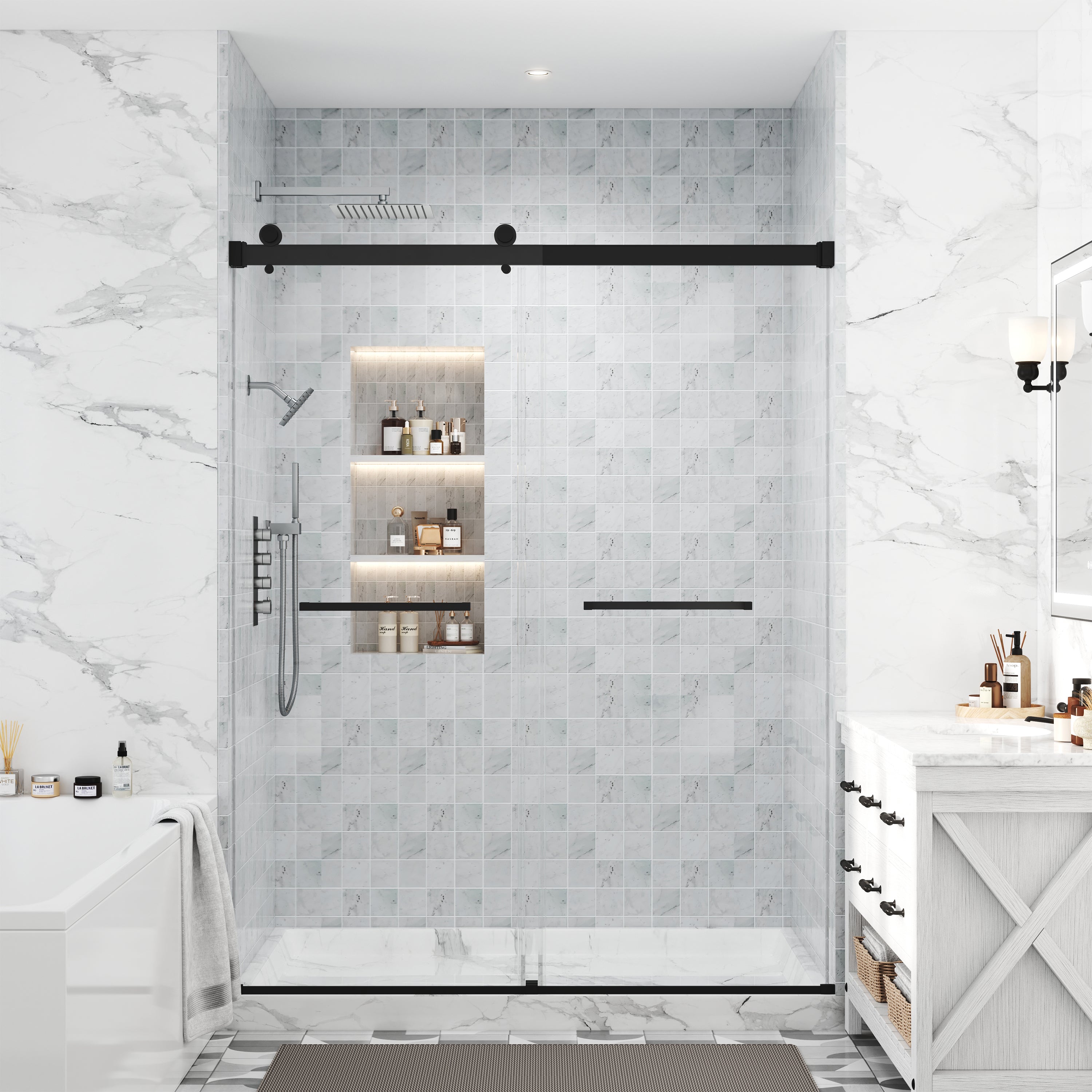60"x75" Frameless Sliding Shower Door with 5/16" Tempered Glass