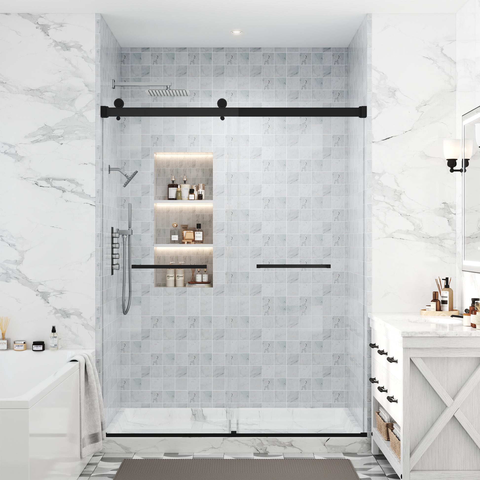 60"x75" Frameless Sliding Shower Door with 5/16" Tempered Glass