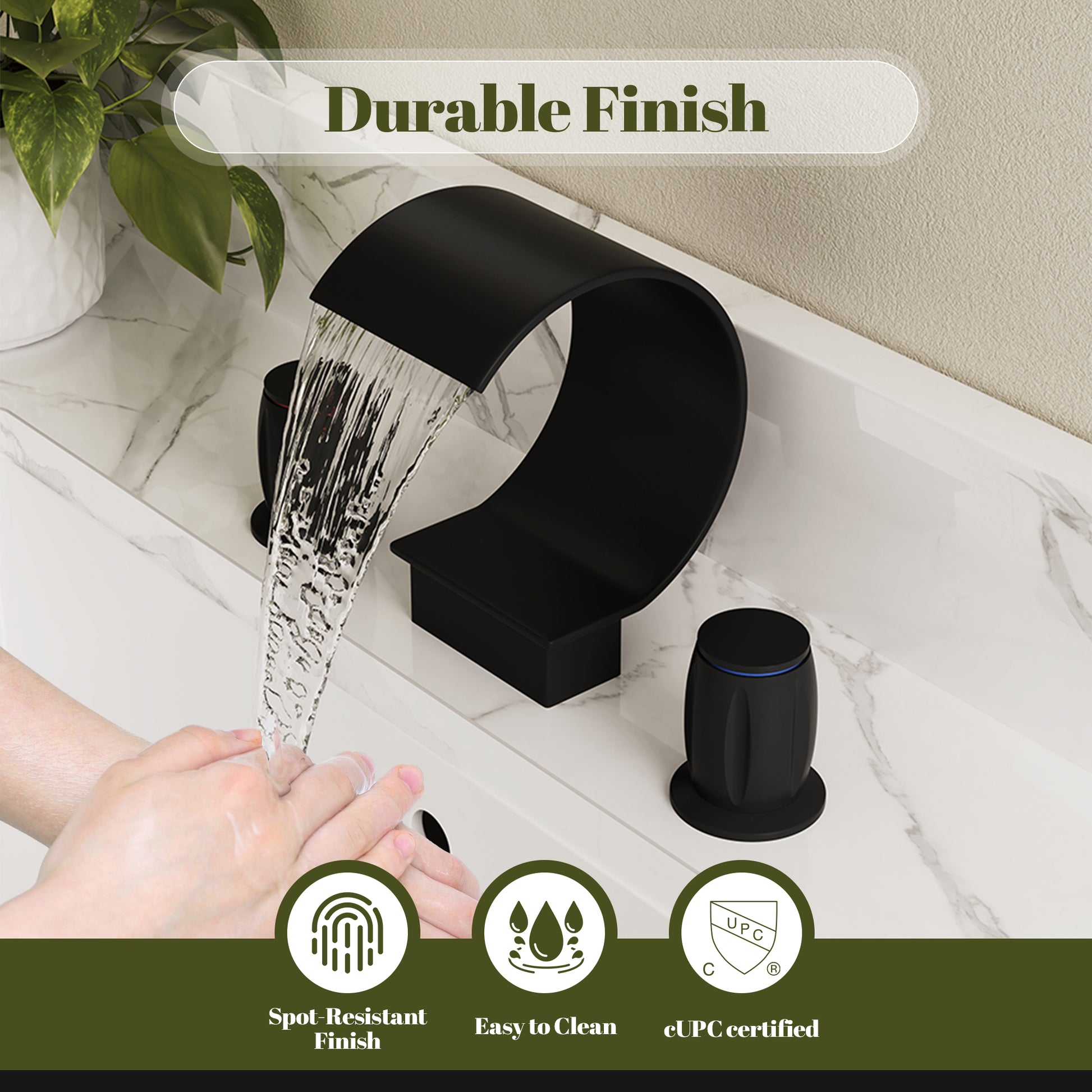 Arc Waterfall Spout Bathroom Faucet with Dual Temperature Control Handles