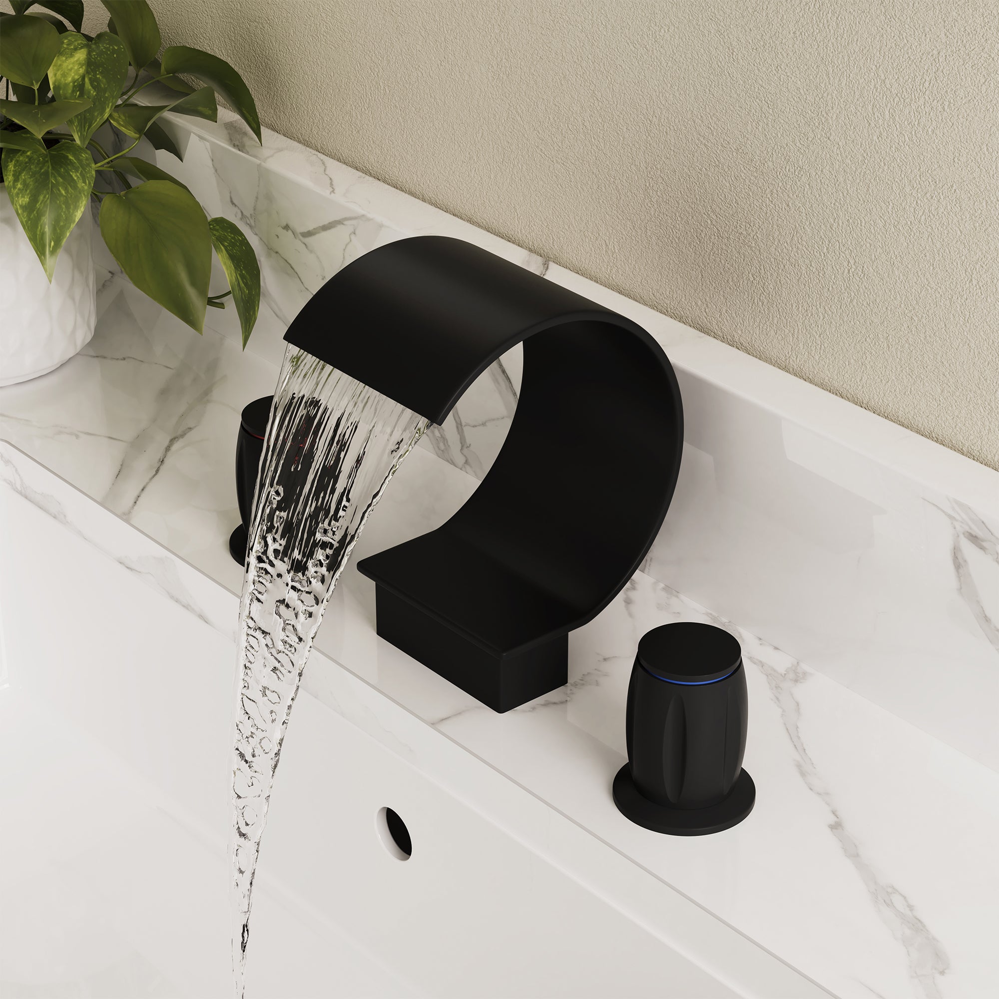 Arc Waterfall Spout Bathroom Faucet with Dual Temperature Control Handles