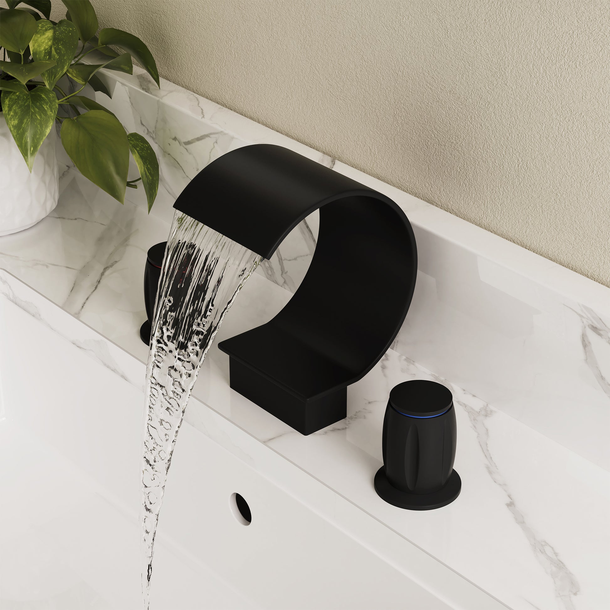 Arc Waterfall Spout Bathroom Faucet with Dual Temperature Control Handles