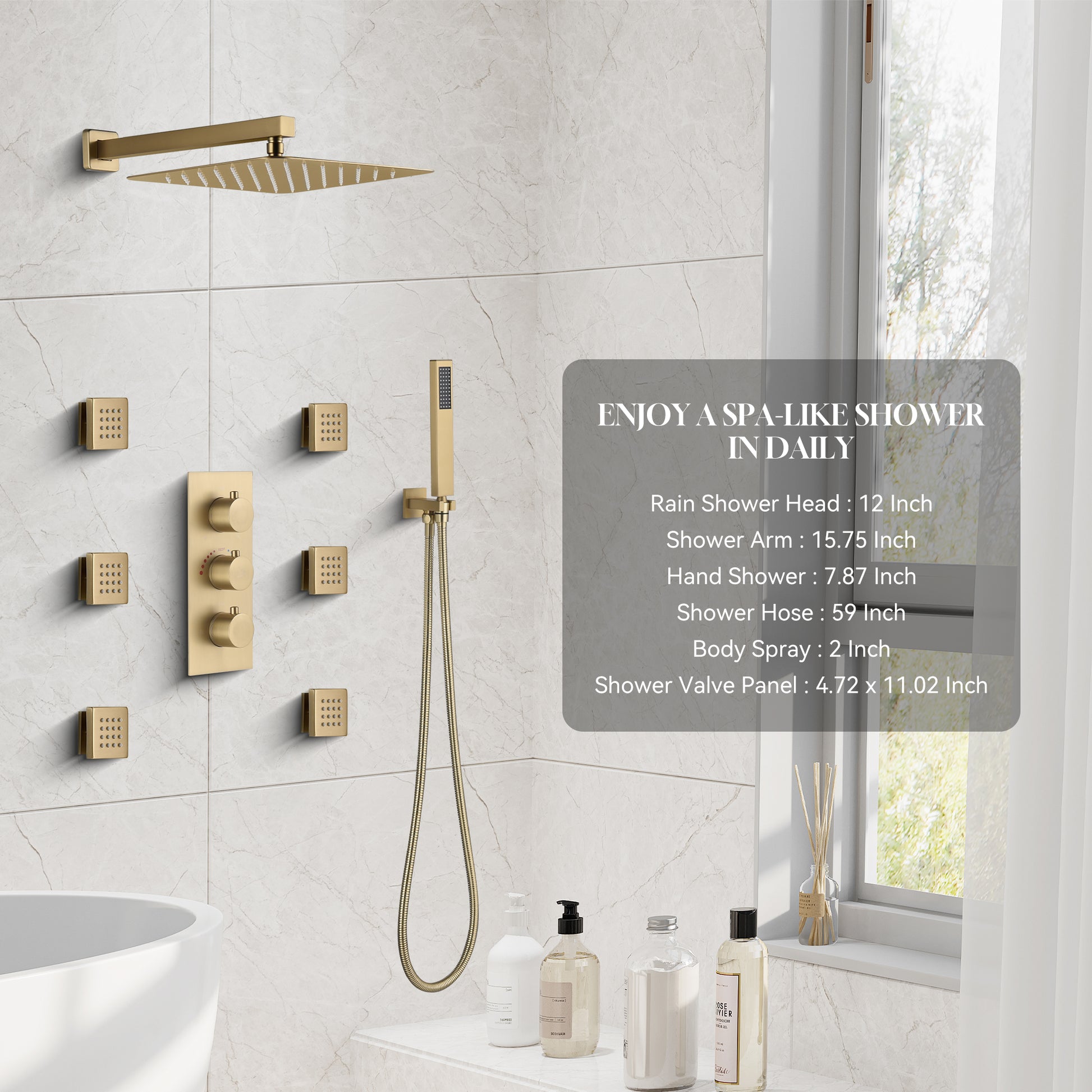 12" Thermostatic Complete Shower System with Rough-in Valve & 6 Body Jets