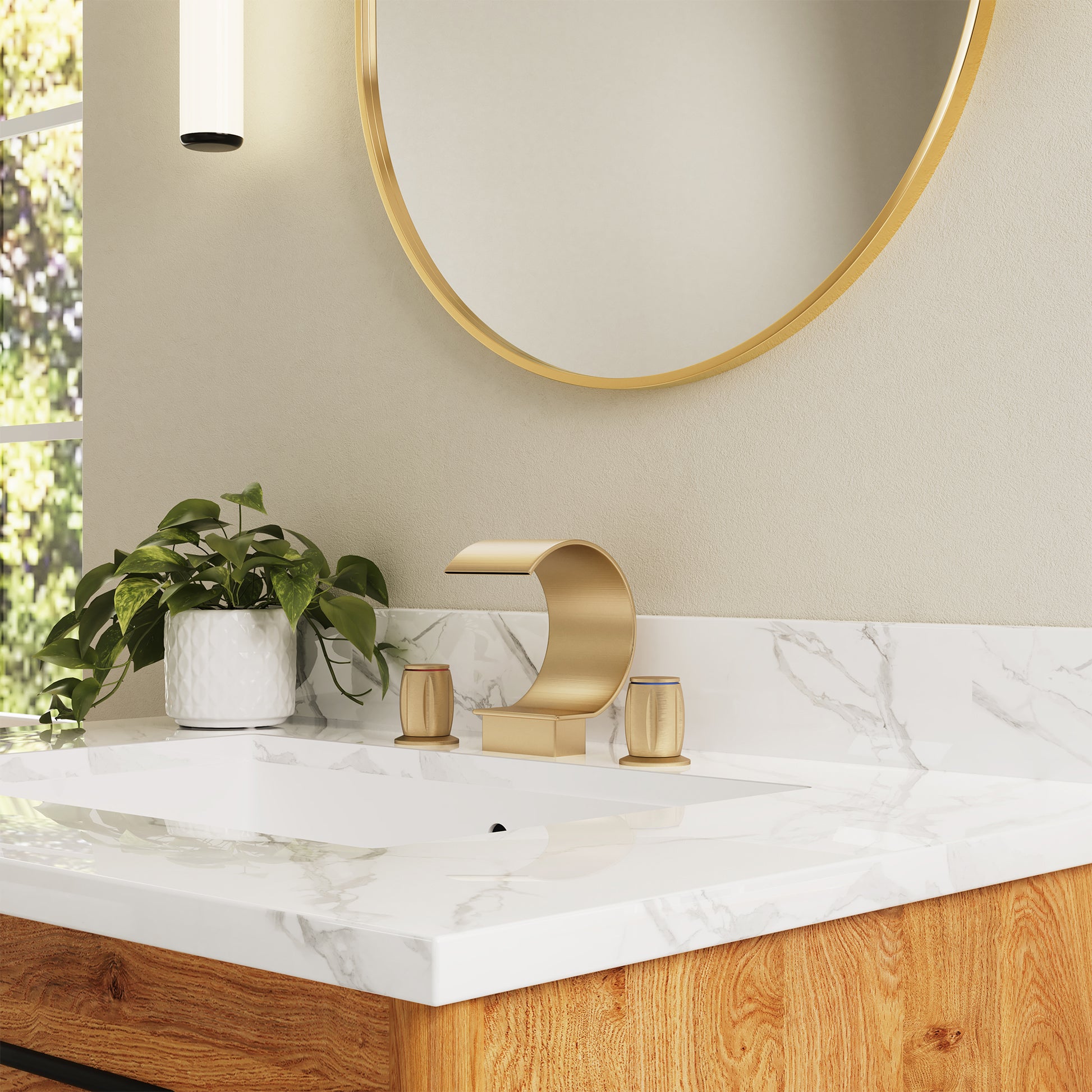 Arc Waterfall Spout Bathroom Faucet with Dual Temperature Control Handles