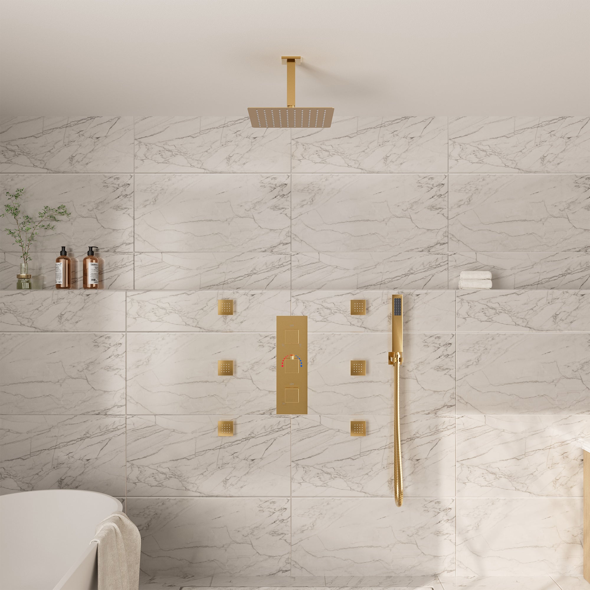 3-Function Ceiling-Mounted Thermostatic Shower System with 6 Body Jets