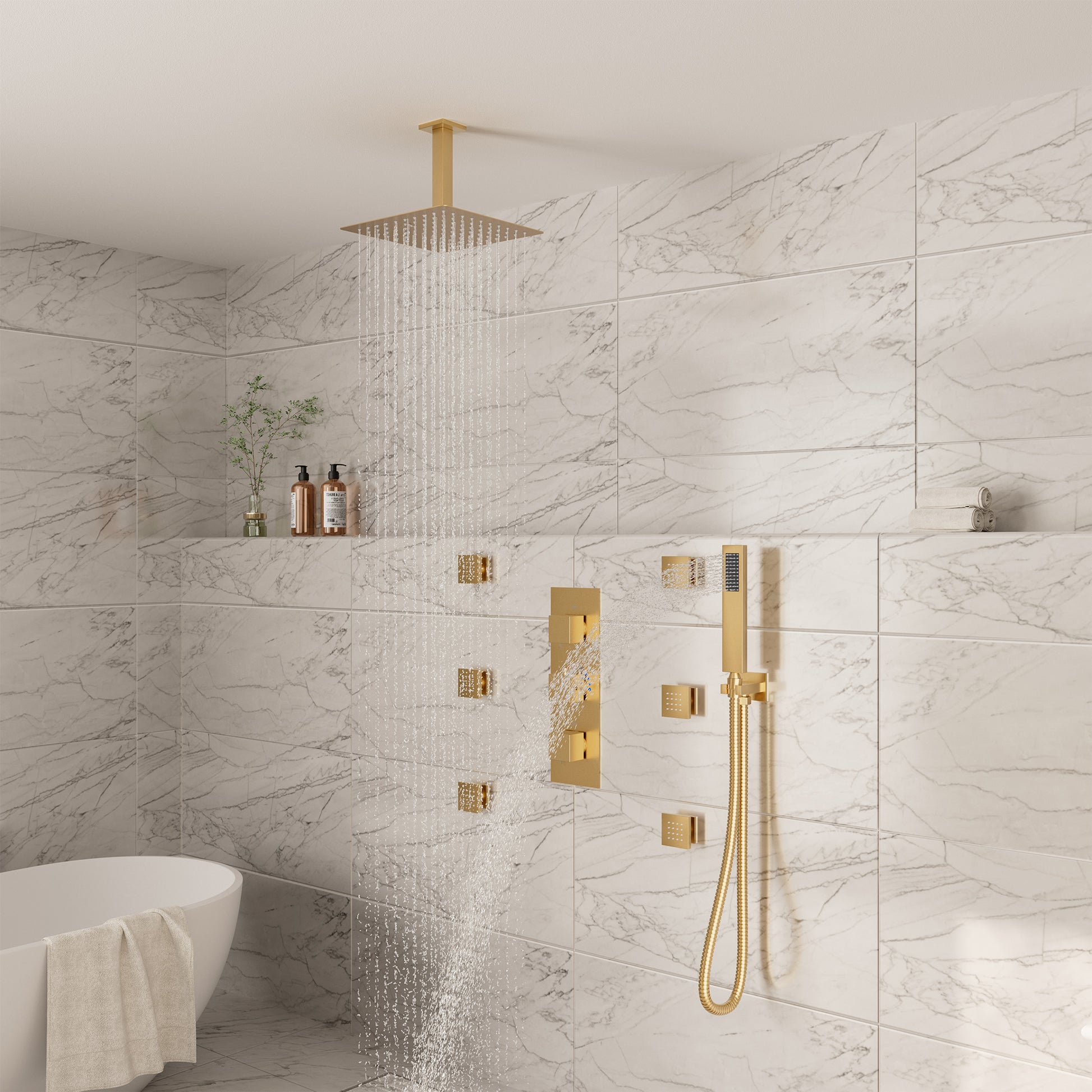 3-Function Ceiling-Mounted Thermostatic Shower System with 6 Body Jets