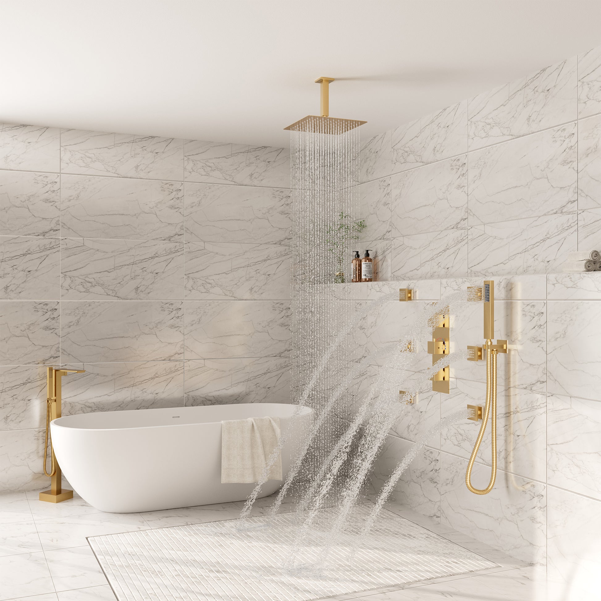 3-Function Ceiling-Mounted Thermostatic Shower System with 6 Body Jets