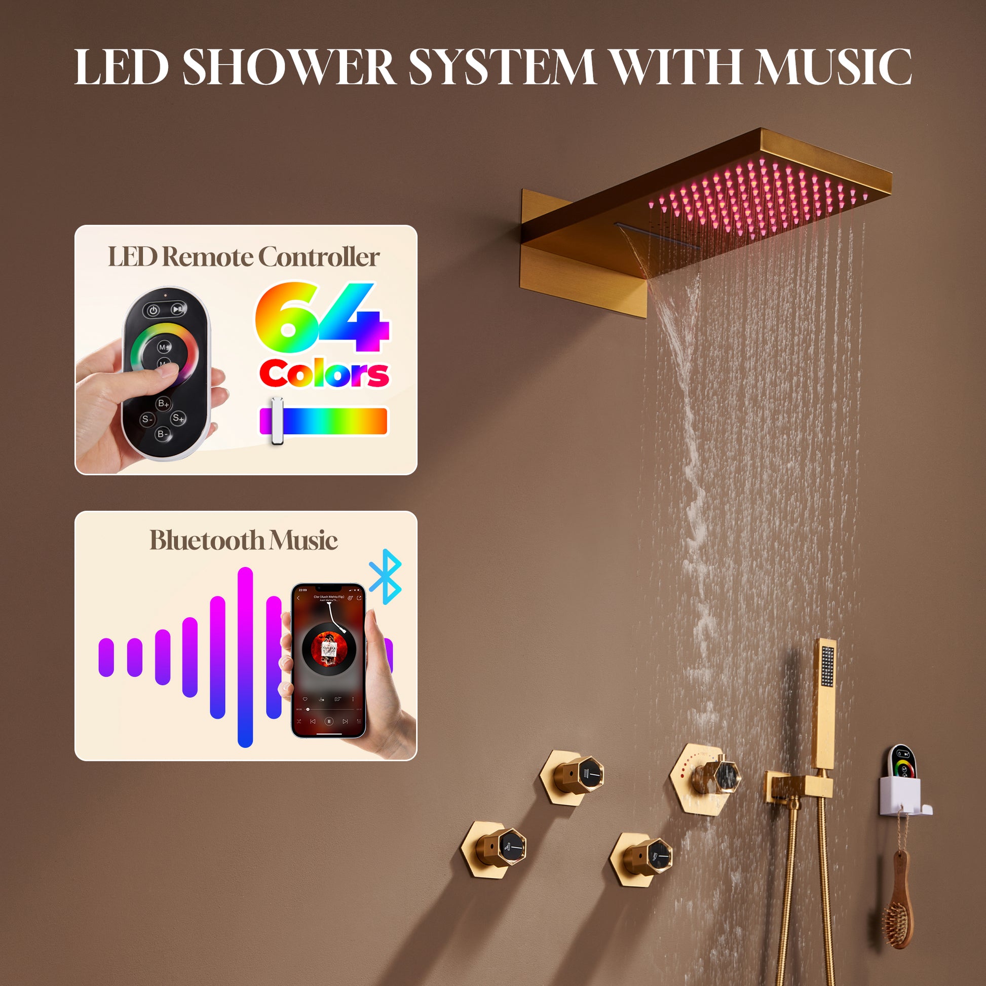 22" Wall-Mount Thermostatic Shower System with 64-Color LED & Built-In Music