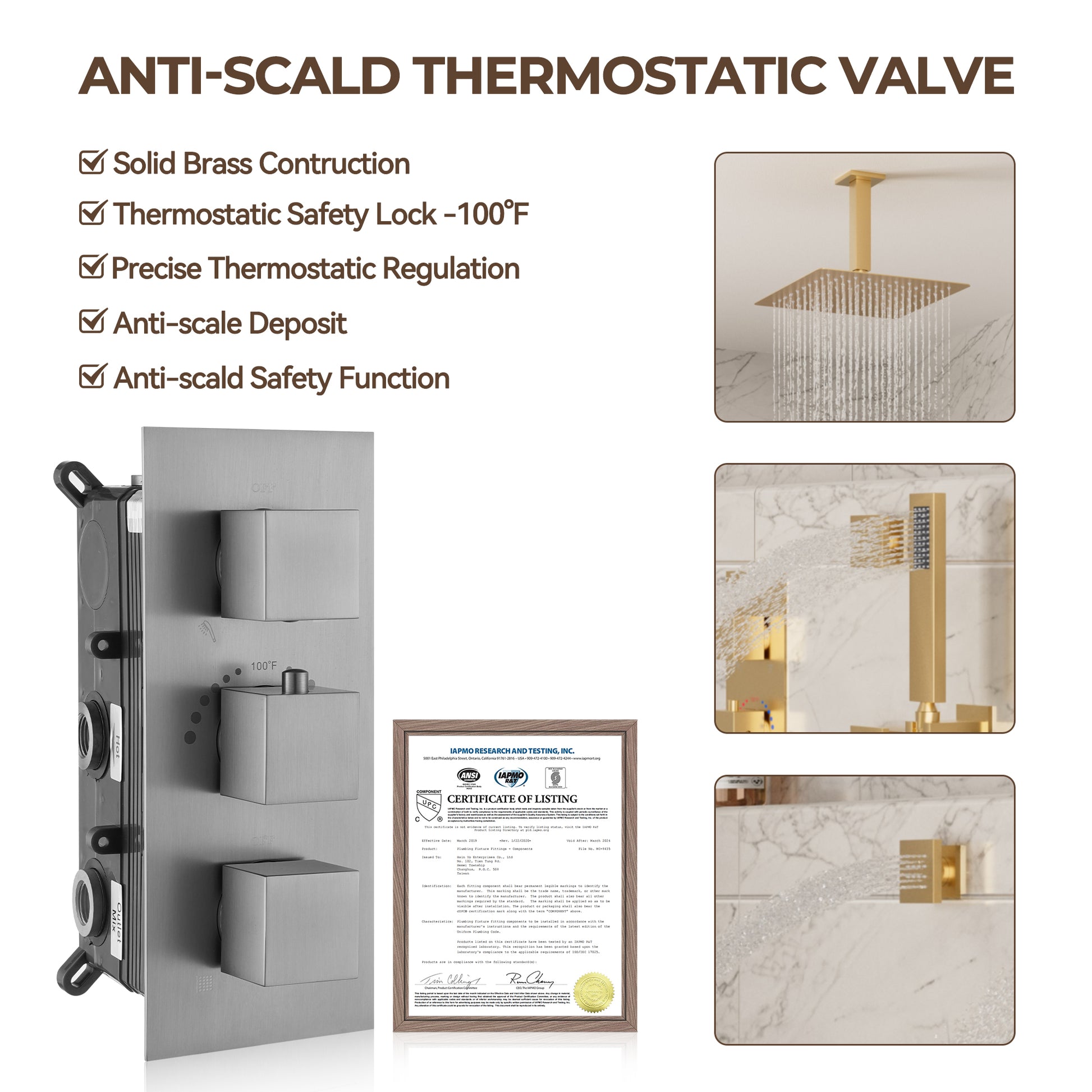 3-Function Ceiling-Mounted Thermostatic Shower System with 6 Body Jets