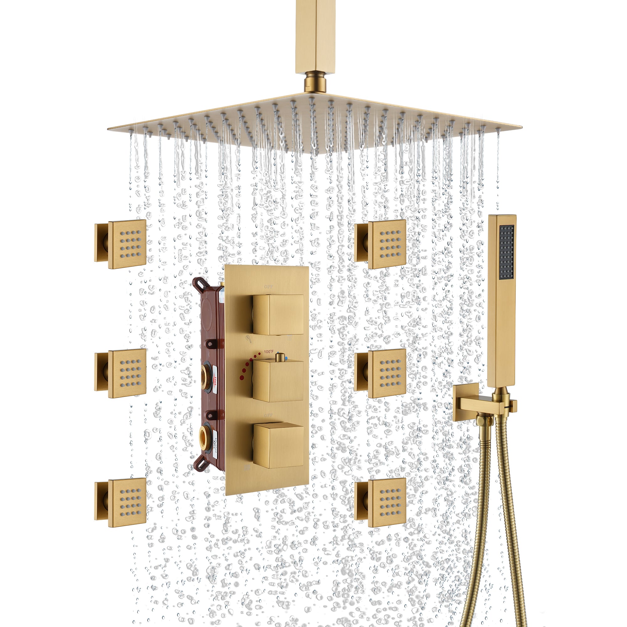 3-Function Ceiling-Mounted Thermostatic Shower System with 6 Body Jets