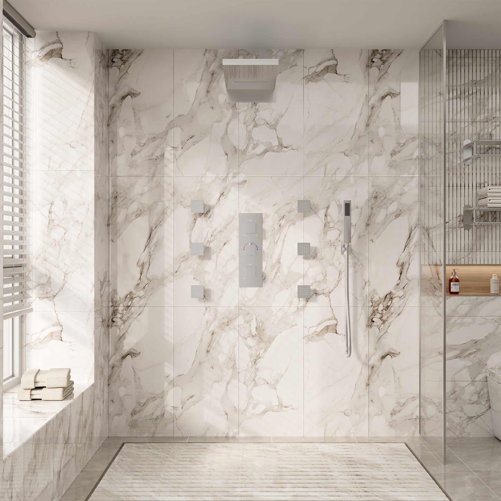 Luxury 4-Function Thermostatic Shower System with Rainfall & Body Jets