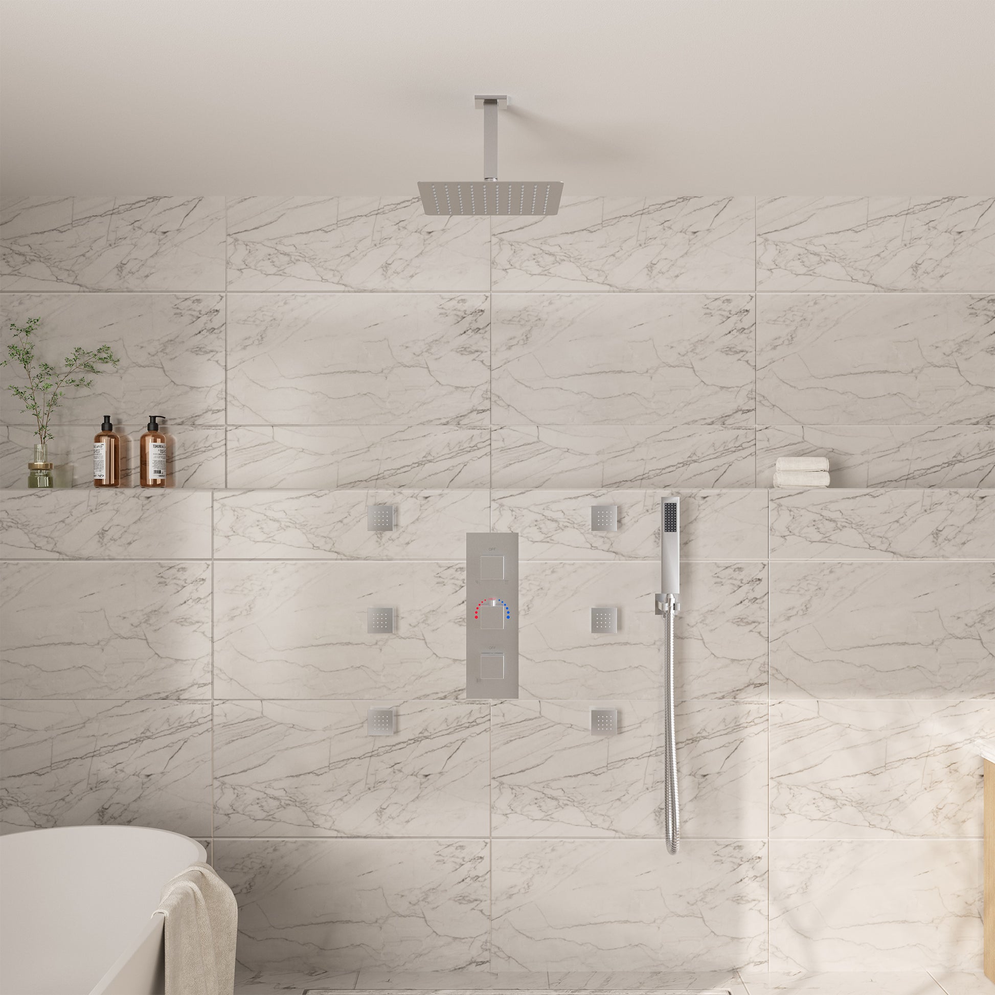 3-Function Ceiling-Mounted Thermostatic Shower System with 6 Body Jets