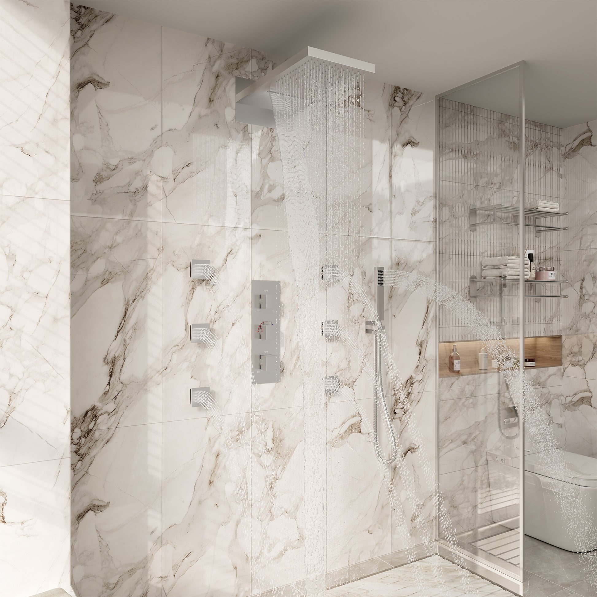 Luxury 4-Function Thermostatic Shower System with Rainfall & Body Jets