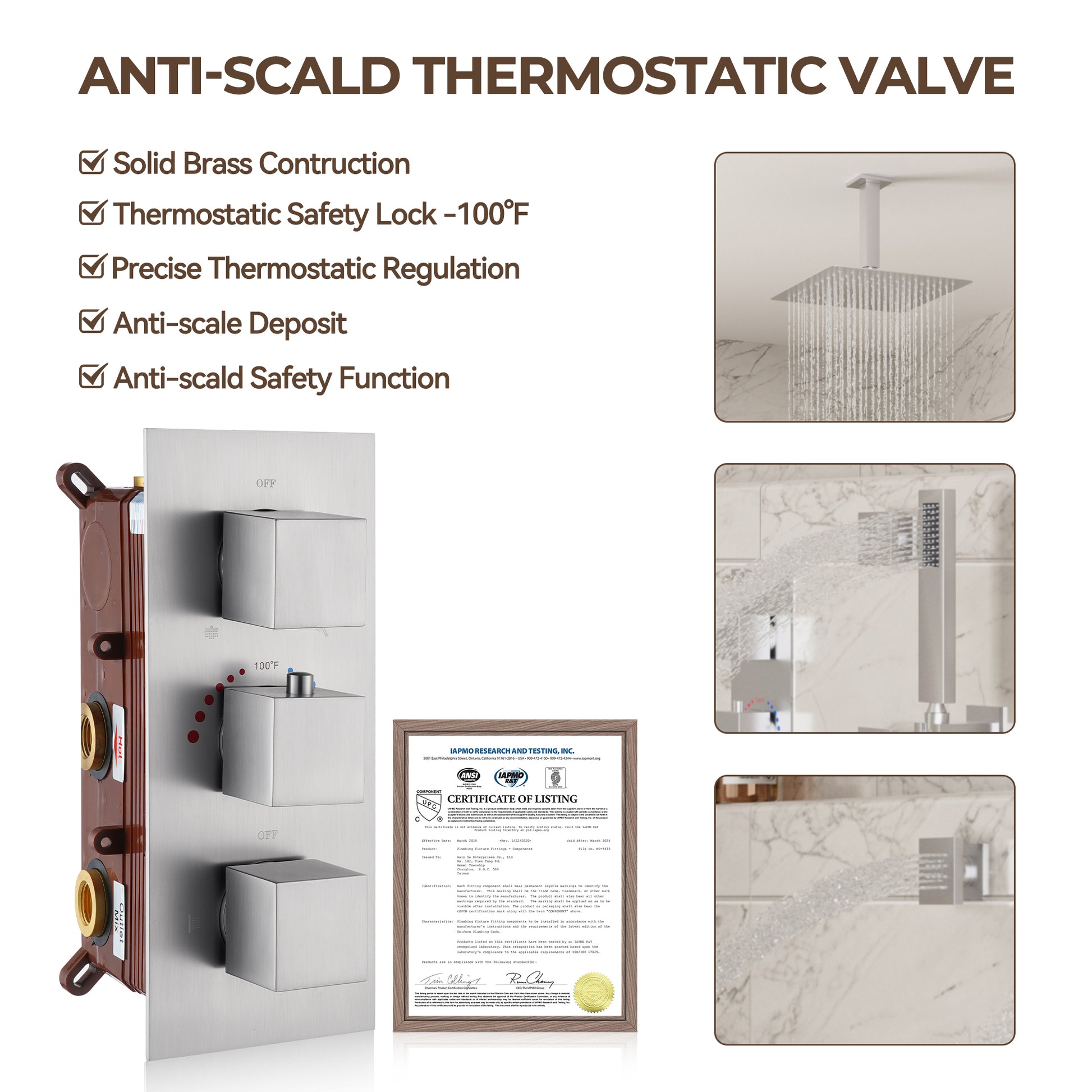 3-Function Ceiling-Mounted Thermostatic Shower System with 6 Body Jets