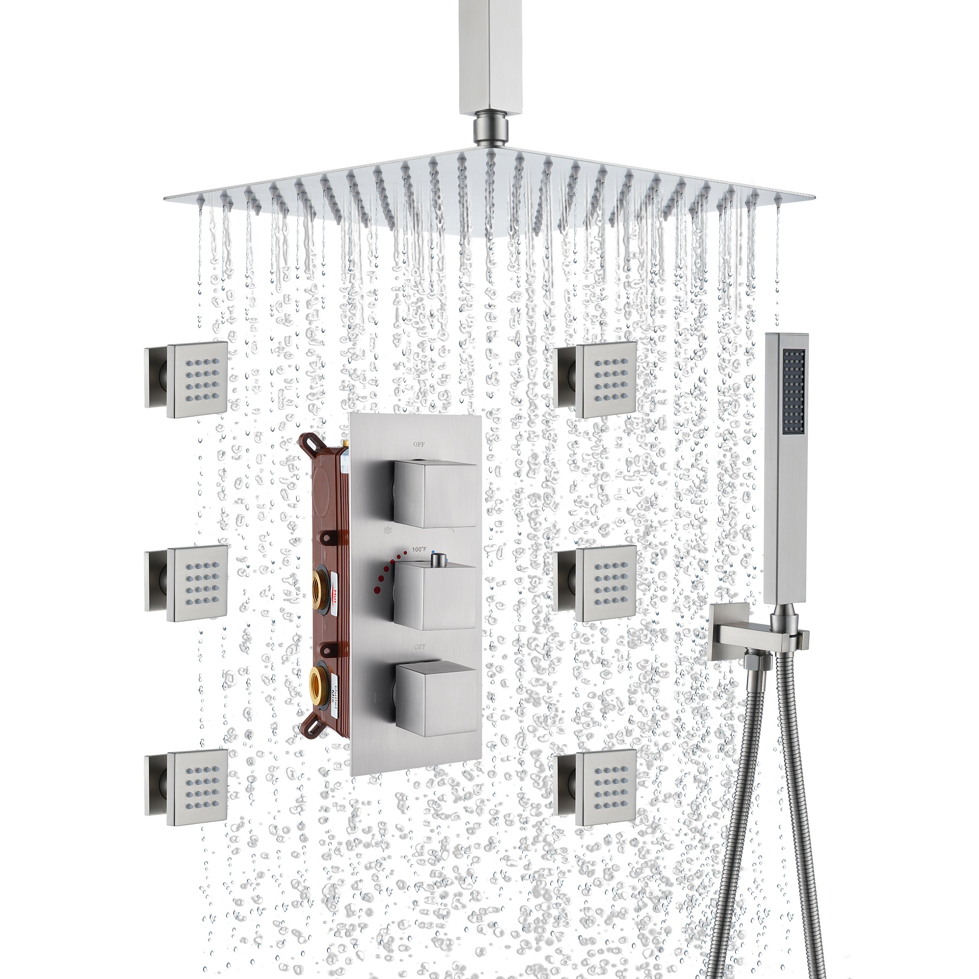3-Function Ceiling-Mounted Thermostatic Shower System with 6 Body Jets