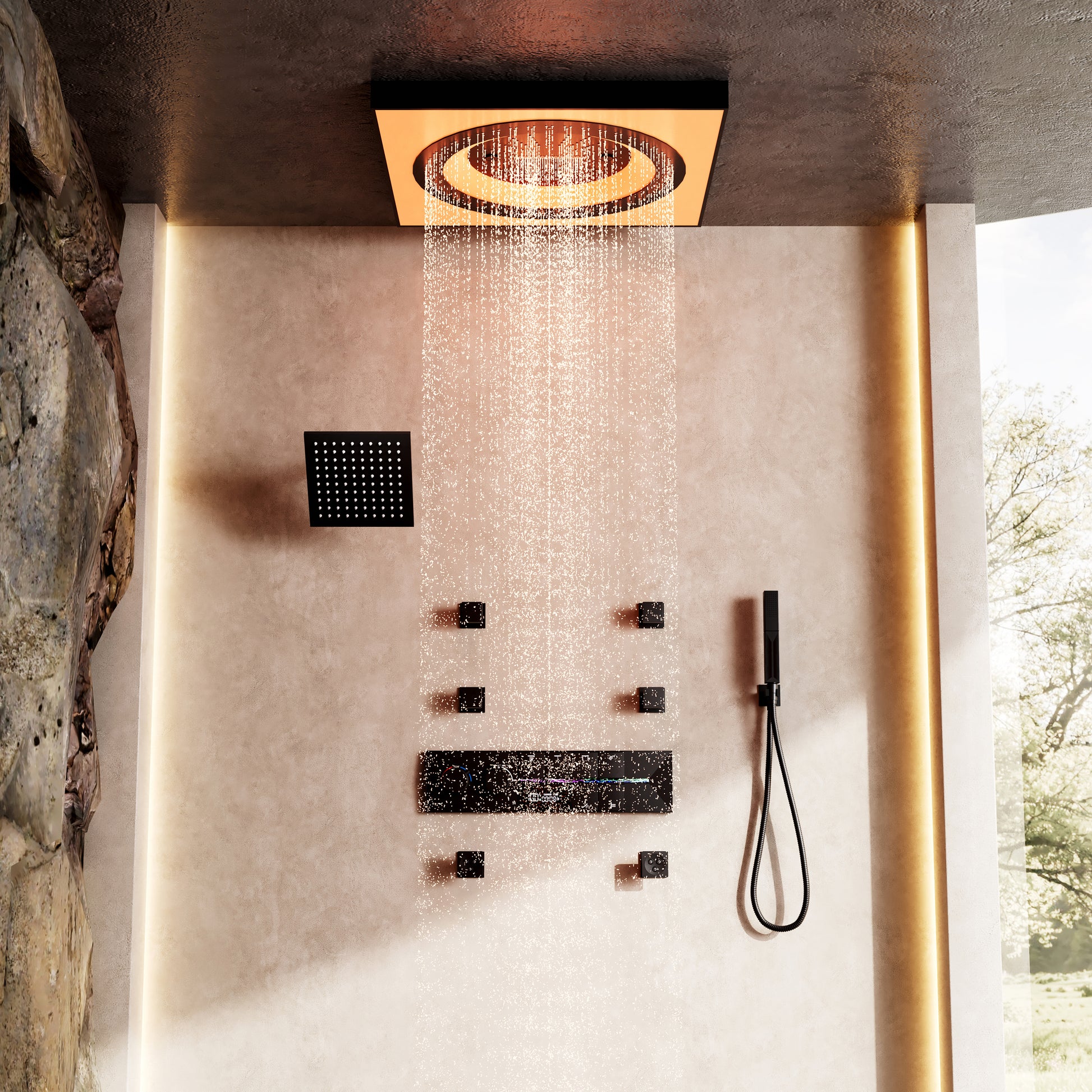 24-inch 6-Function Thermostatic Shower System with LED Light & Body Jet & Slide Bar