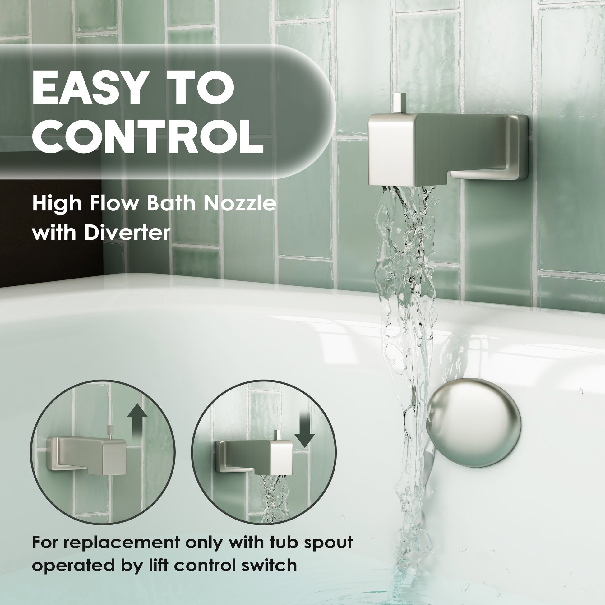 Replacement Lift-Rod Tub Spout with 1/2" NPT Connection