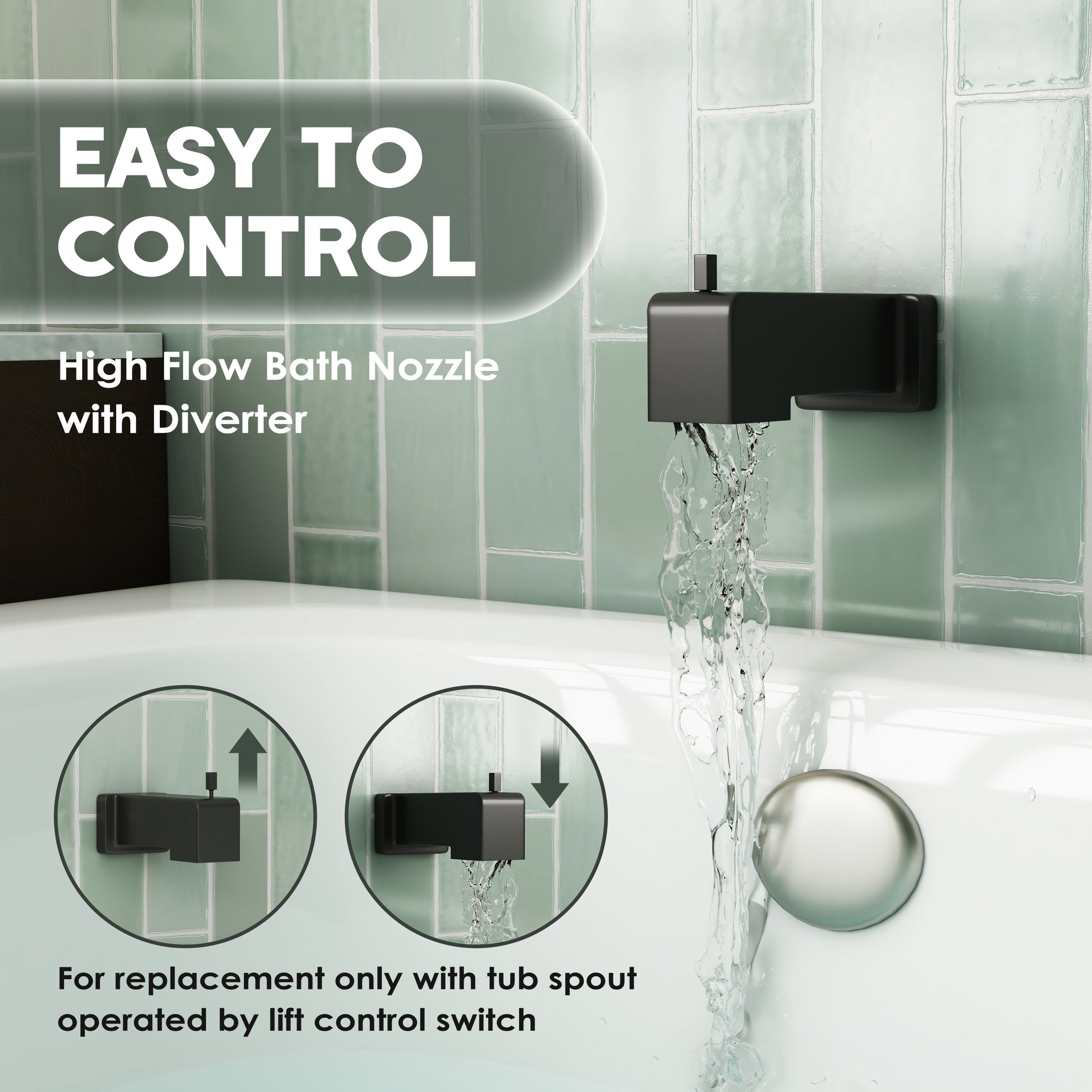 Replacement Lift-Rod Tub Spout with 1/2" NPT Connection