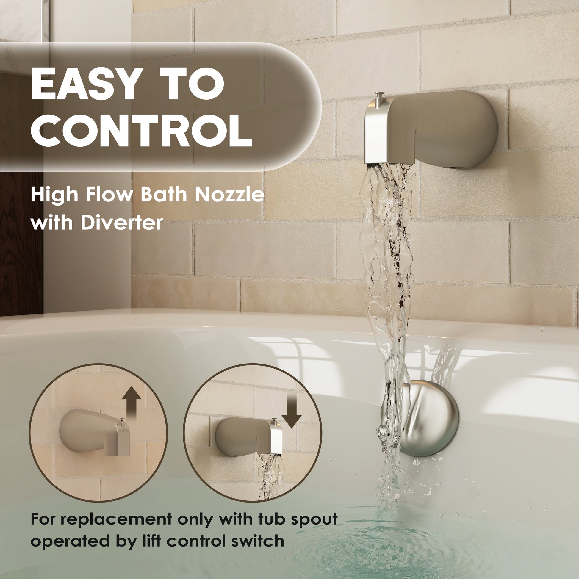 Stainless Steel Lift-Rod Tub Spout Replacement Compatible with Moen