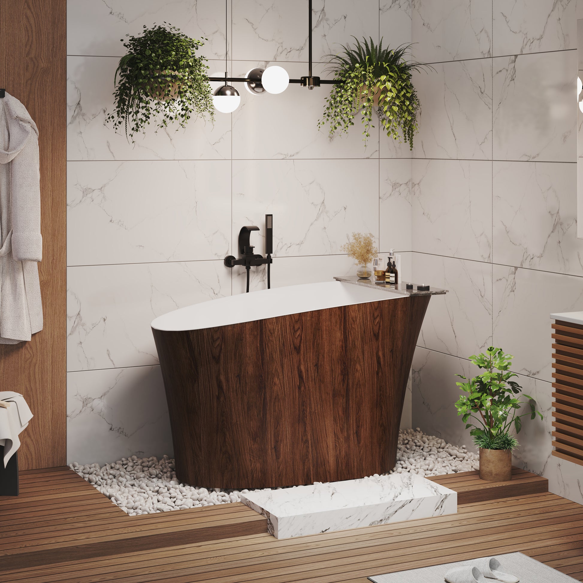 51" Freestanding Solid Surface Soaking Tub with Built-In Seat in Wood Grain & Marble Finish