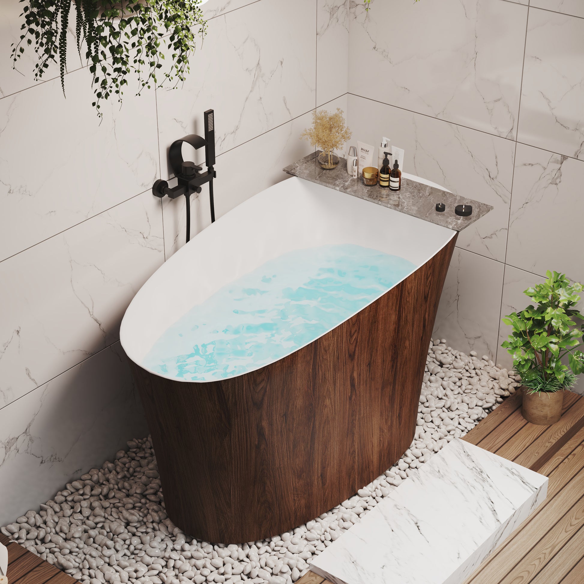 51" Freestanding Solid Surface Soaking Tub with Built-In Seat in Wood Grain & Marble Finish
